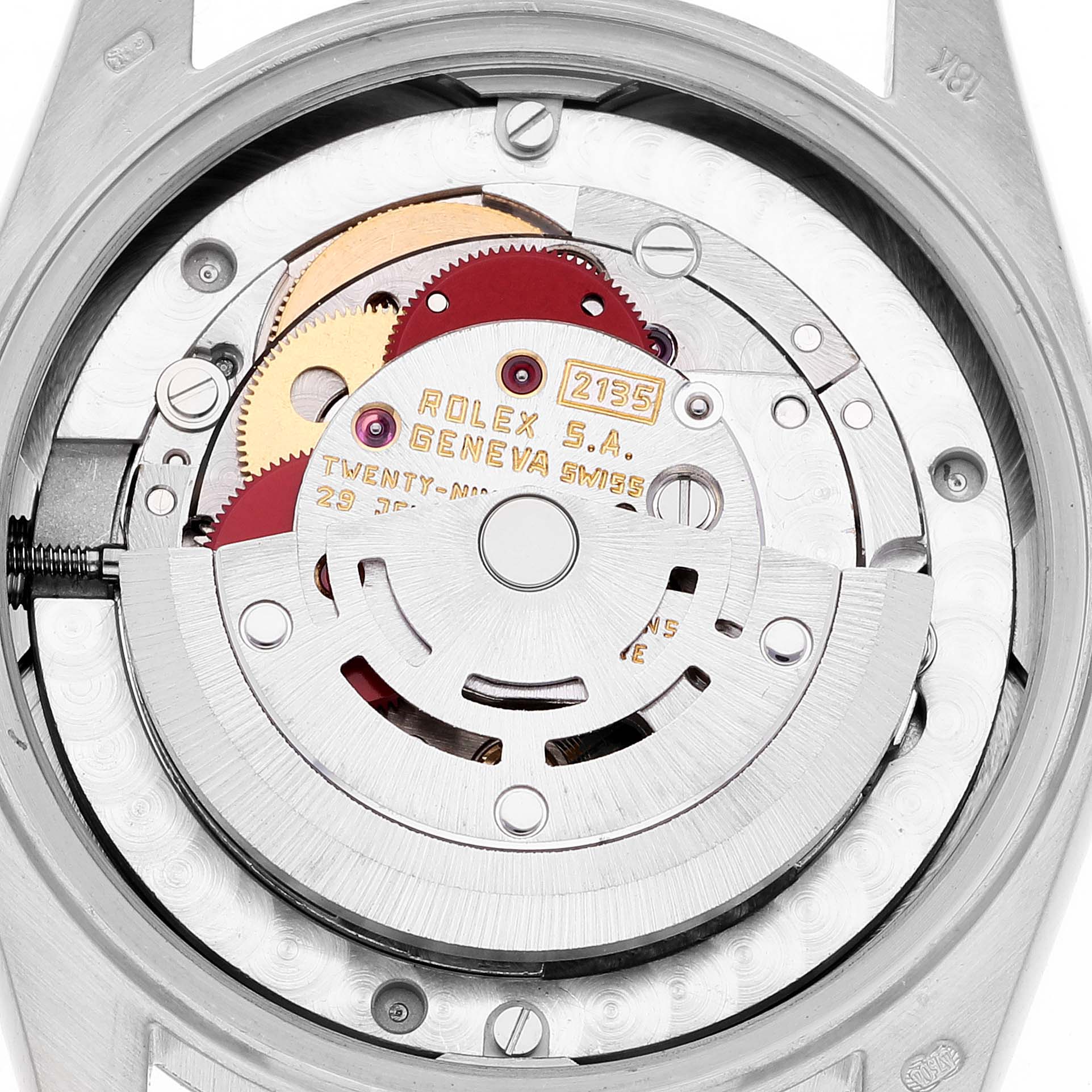 This image shows the internal movement mechanism of a Rolex President 68279 Women
s Steel and Gold (two tone) Champagne Dial 68279 Women
s Steel and Gold (two tone) Champagne Dial model watch from a top-down angle.