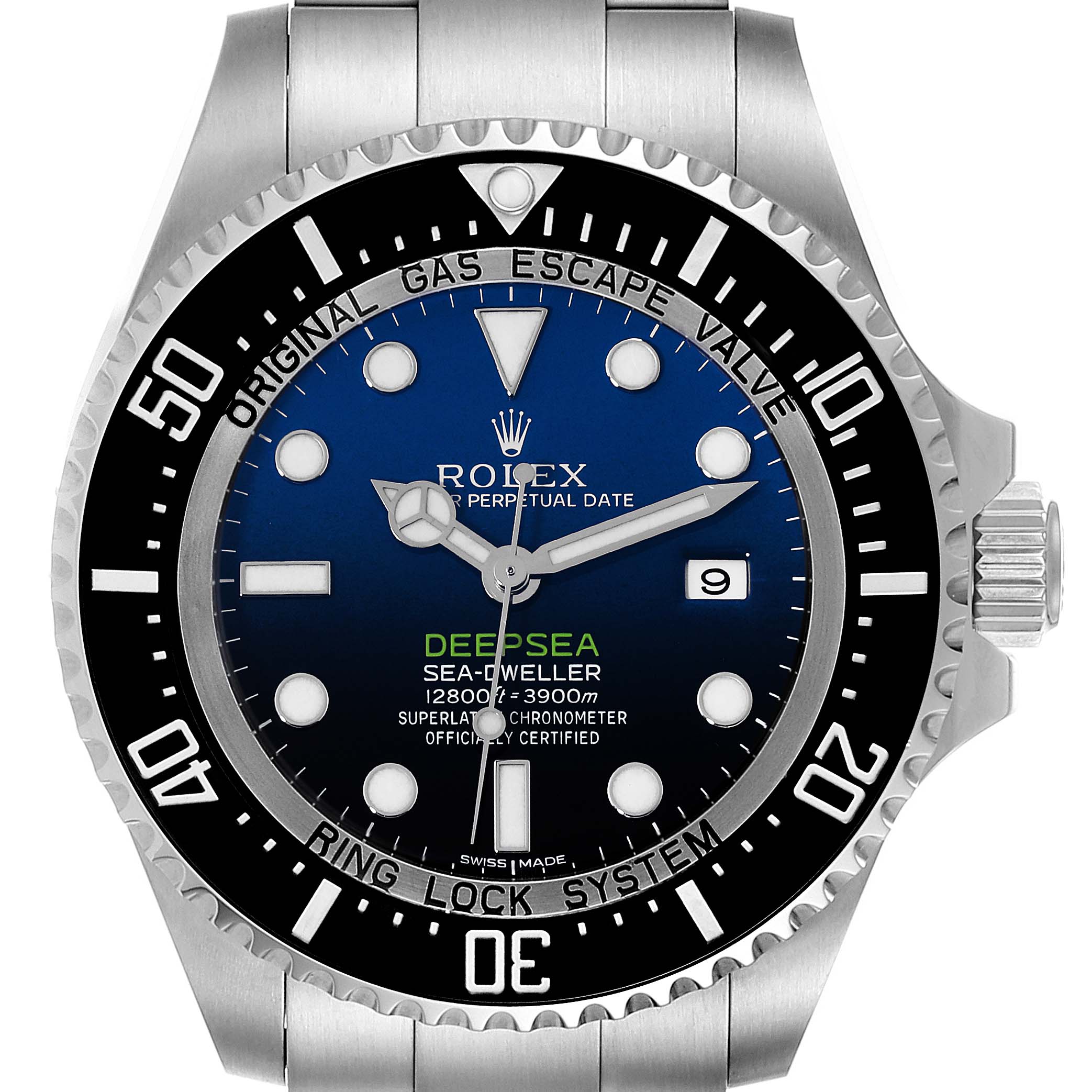 The image shows a front view of the Rolex Sea-Dweller 116660 Men's Stainless Steel Blue Dial 116660 Men's Stainless Steel Blue Dial Deepsea watch, highlighting the face, bezel, crown, and part of the bracelet.