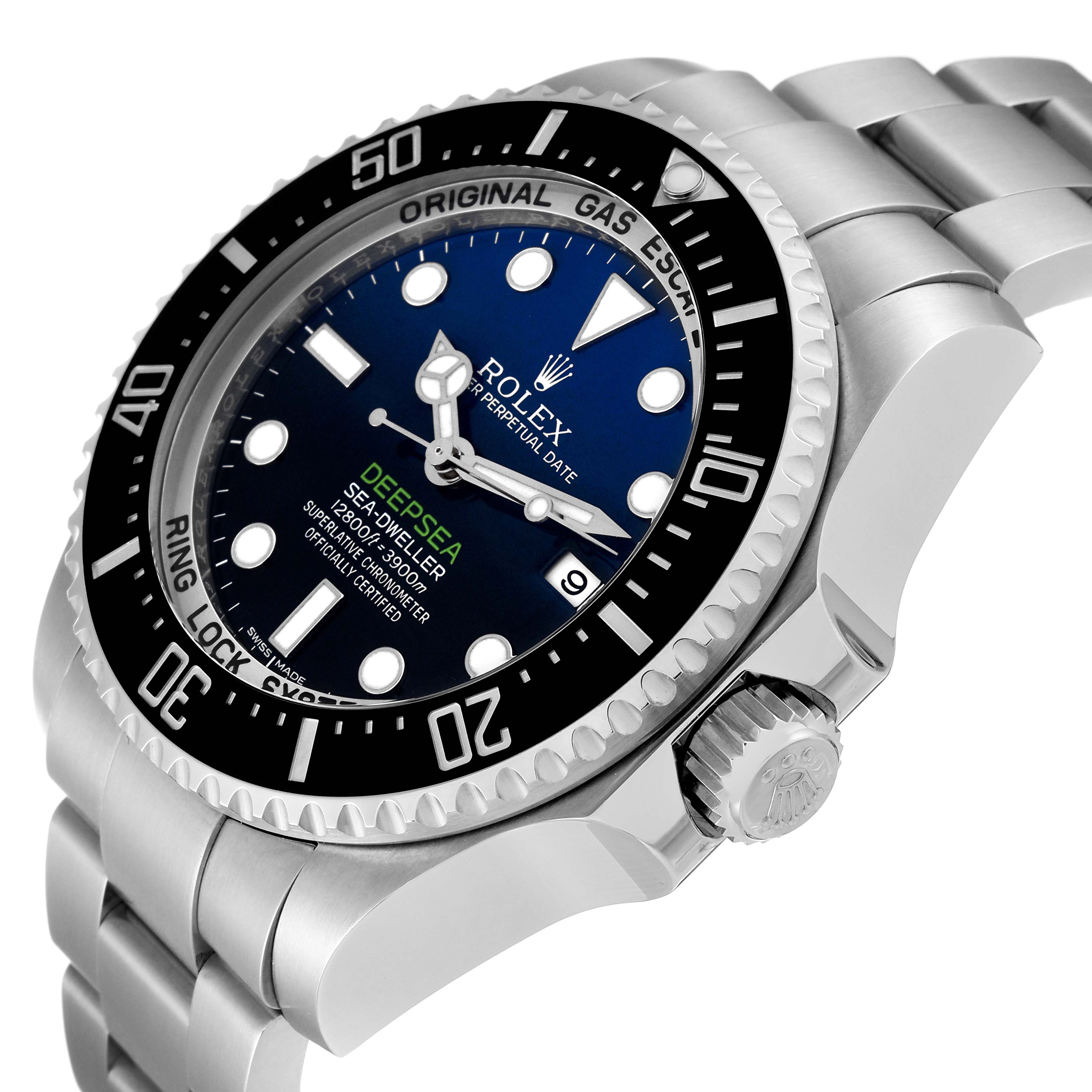 The image shows a close-up angled view of the Rolex Sea-Dweller 116660 Men's Stainless Steel Blue Dial 116660 Men's Stainless Steel Blue Dial watch, highlighting the dial, bezel, bracelet, and crown.