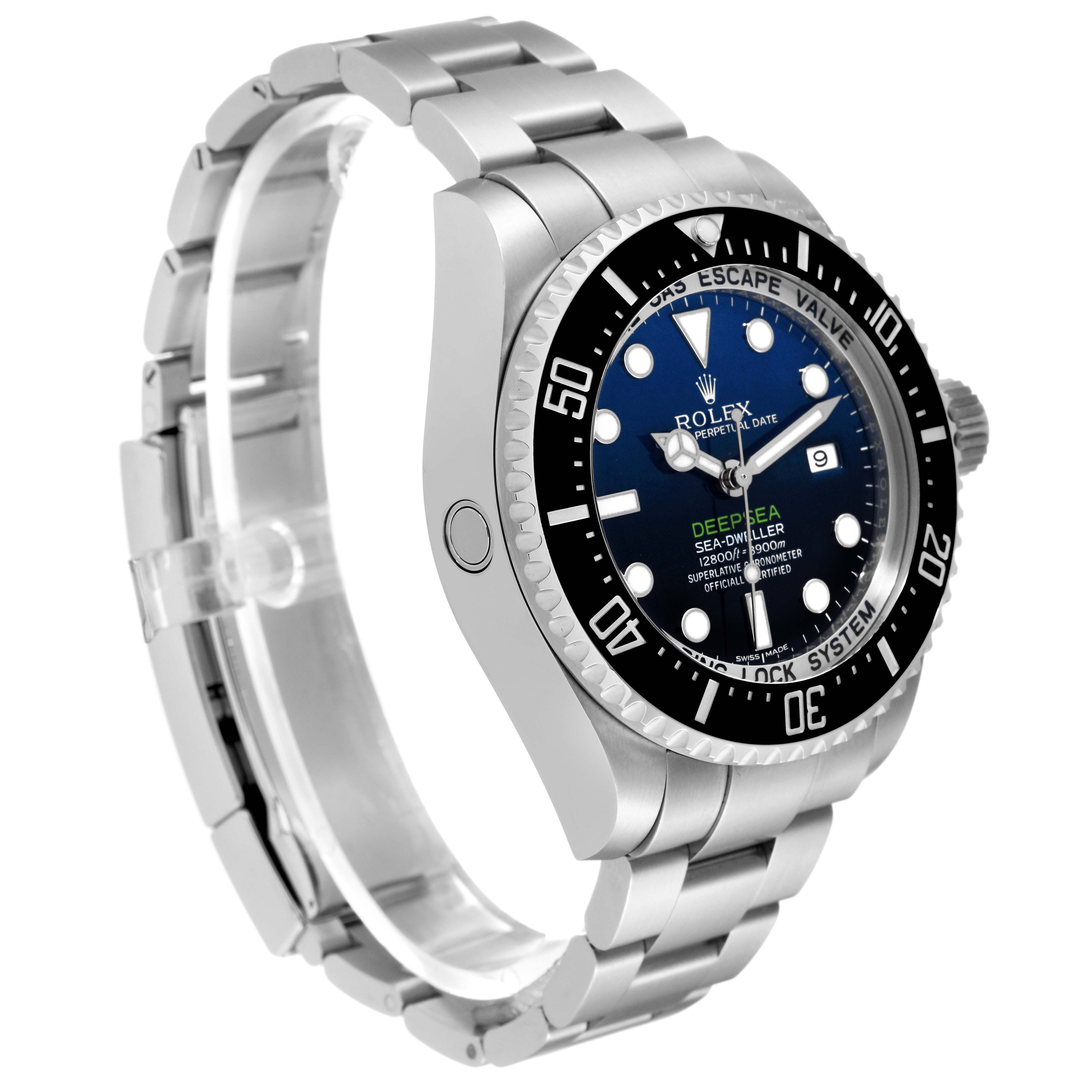 The Rolex Sea-Dweller 116660 Men's Stainless Steel Blue Dial 116660 Men's Stainless Steel Blue Dial watch is shown at an oblique angle, displaying its face, bezel, casing, and bracelet.