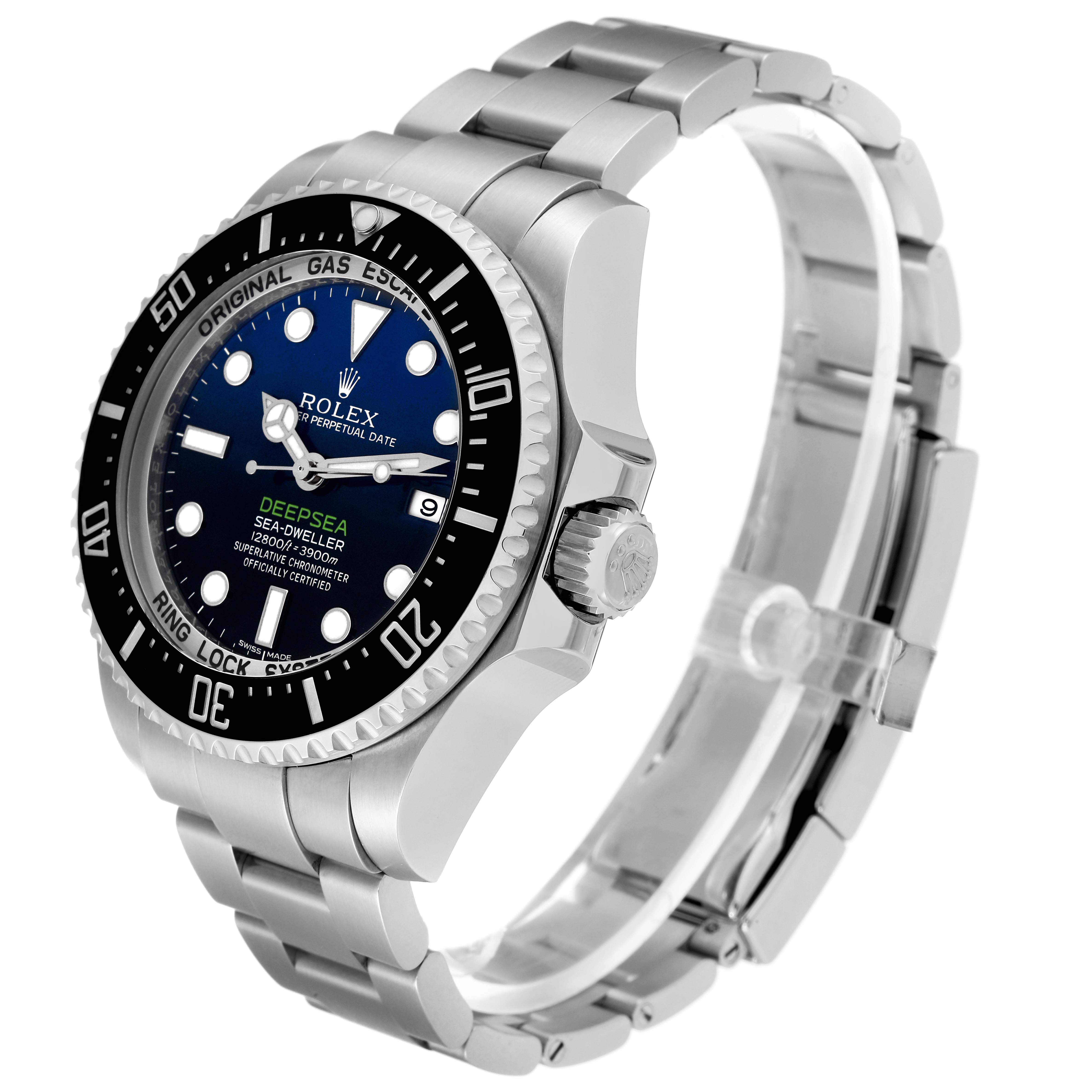 The image shows a Rolex Sea-Dweller 116660 Men's Stainless Steel Blue Dial 116660 Men's Stainless Steel Blue Dial Deepsea watch at a three-quarter angle, highlighting the face, bezel, and stainless steel bracelet.