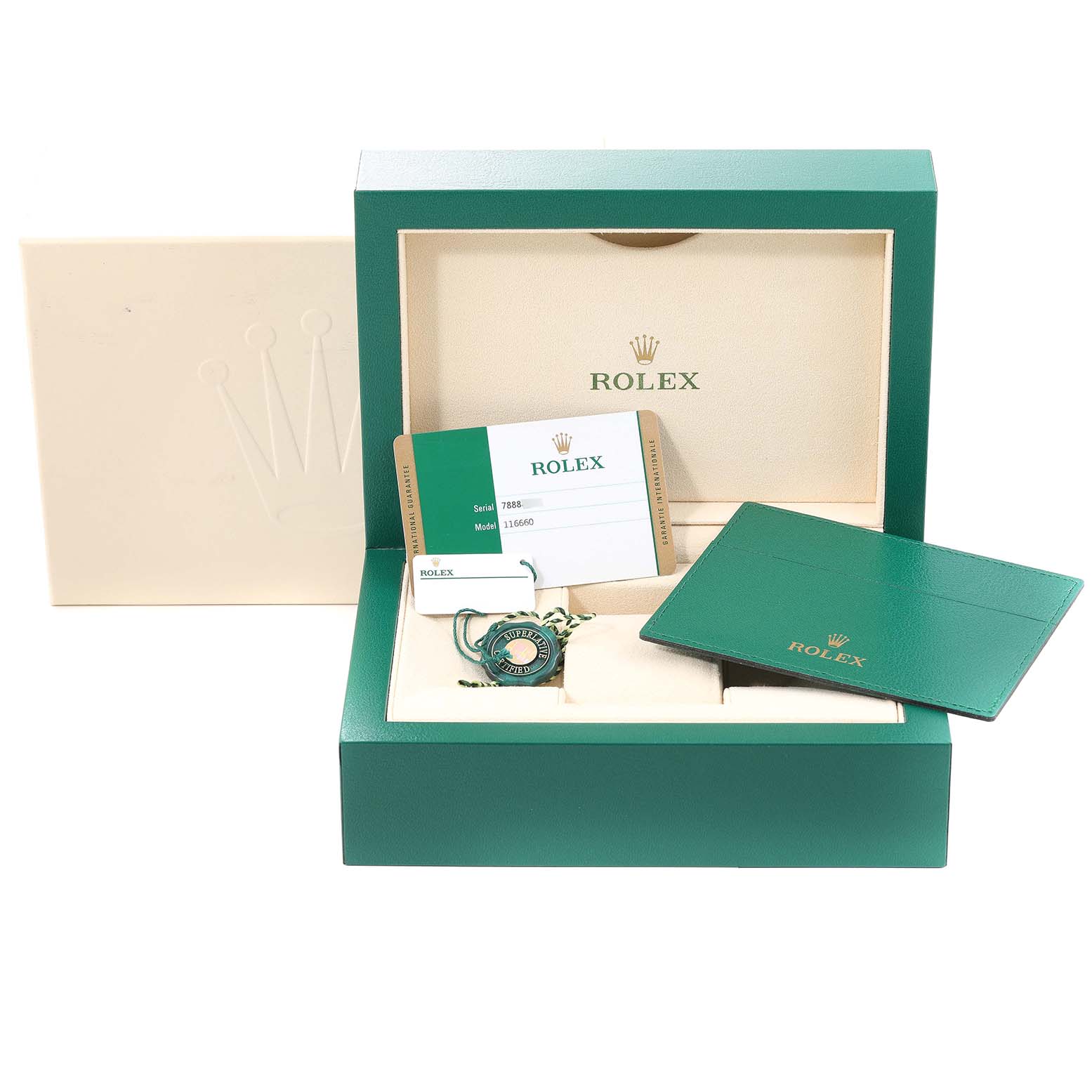 The image shows the packaging and accessories for a Rolex Sea-Dweller 116660 Men's Stainless Steel Blue Dial 116660 Men's Stainless Steel Blue Dial watch, including the box, warranty card, tag, and booklet.