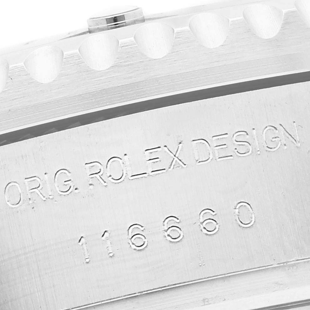 The image shows a close-up of the side of a Rolex Sea-Dweller 116660 Men's Stainless Steel Blue Dial 116660 Men's Stainless Steel Blue Dial watch case, featuring the "ORIG. ROLEX DESIGN" engraving and model number 116660.