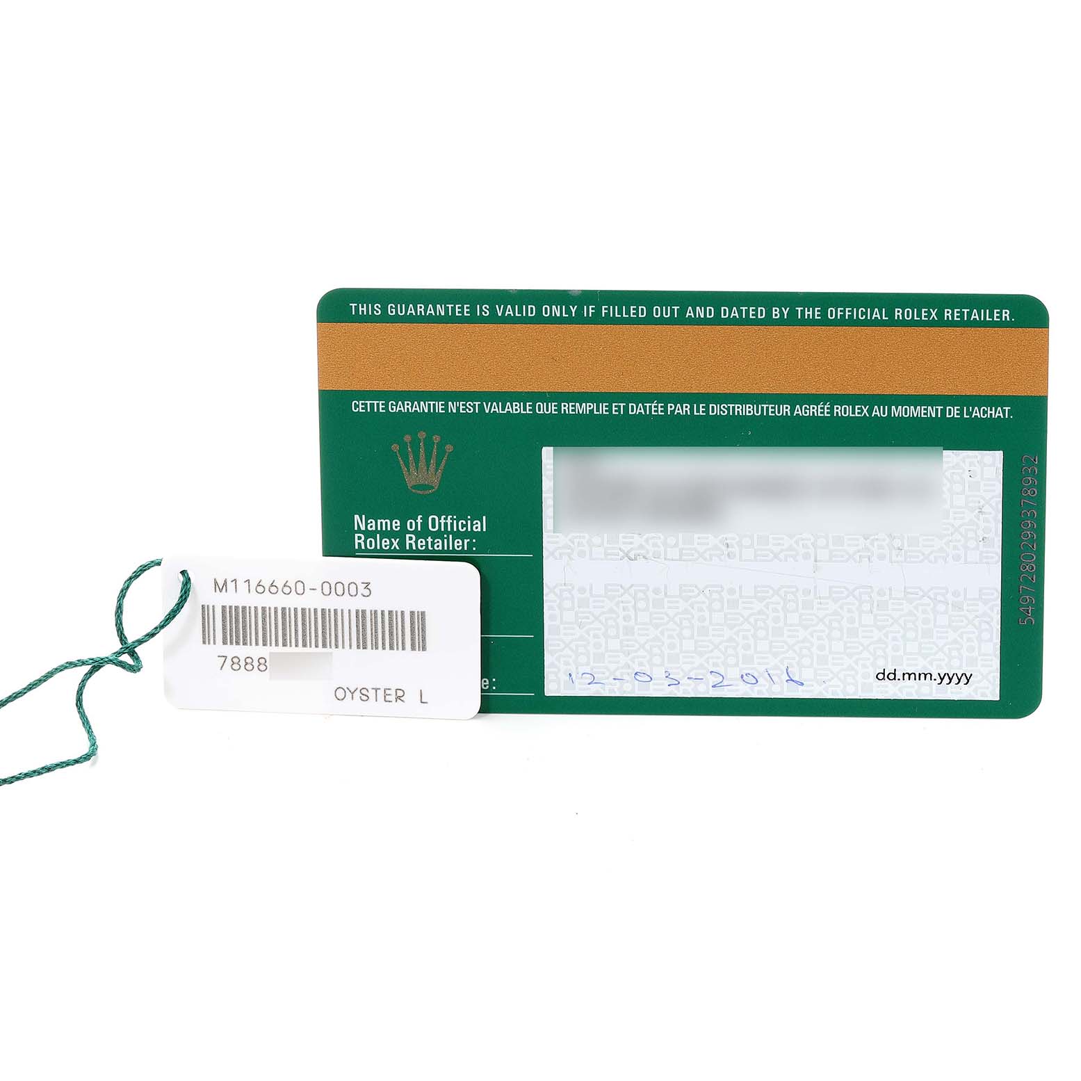 The image shows the guarantee card and tag for the Rolex Sea-Dweller 116660 Men's Stainless Steel Blue Dial 116660 Men's Stainless Steel Blue Dial model, displayed from the front.