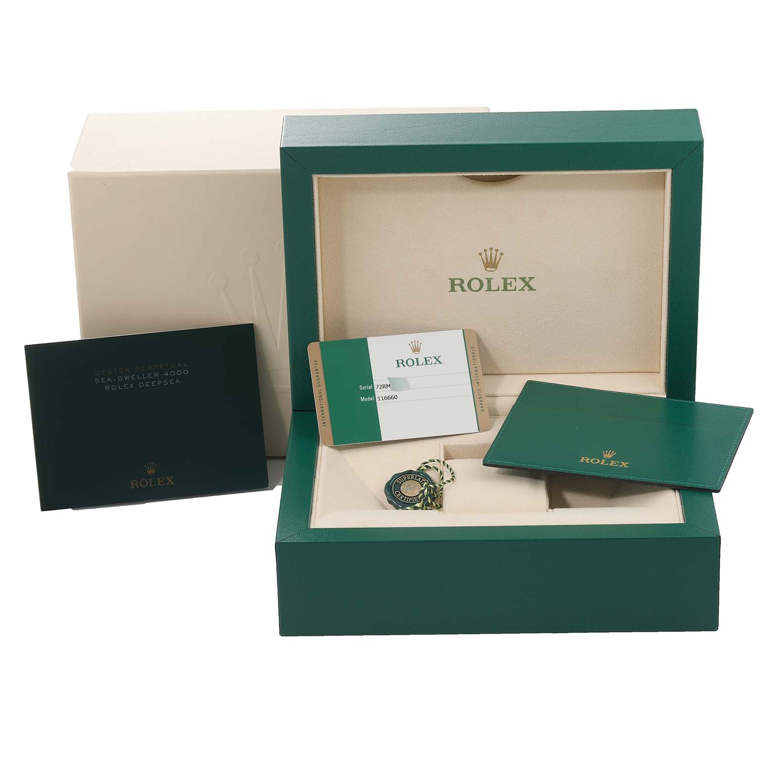 The image shows the packaging, warranty card, and accessories for a Rolex Sea-Dweller 116660 Men's Stainless Steel Blue Dial 116660 Men's Stainless Steel Blue Dial watch.