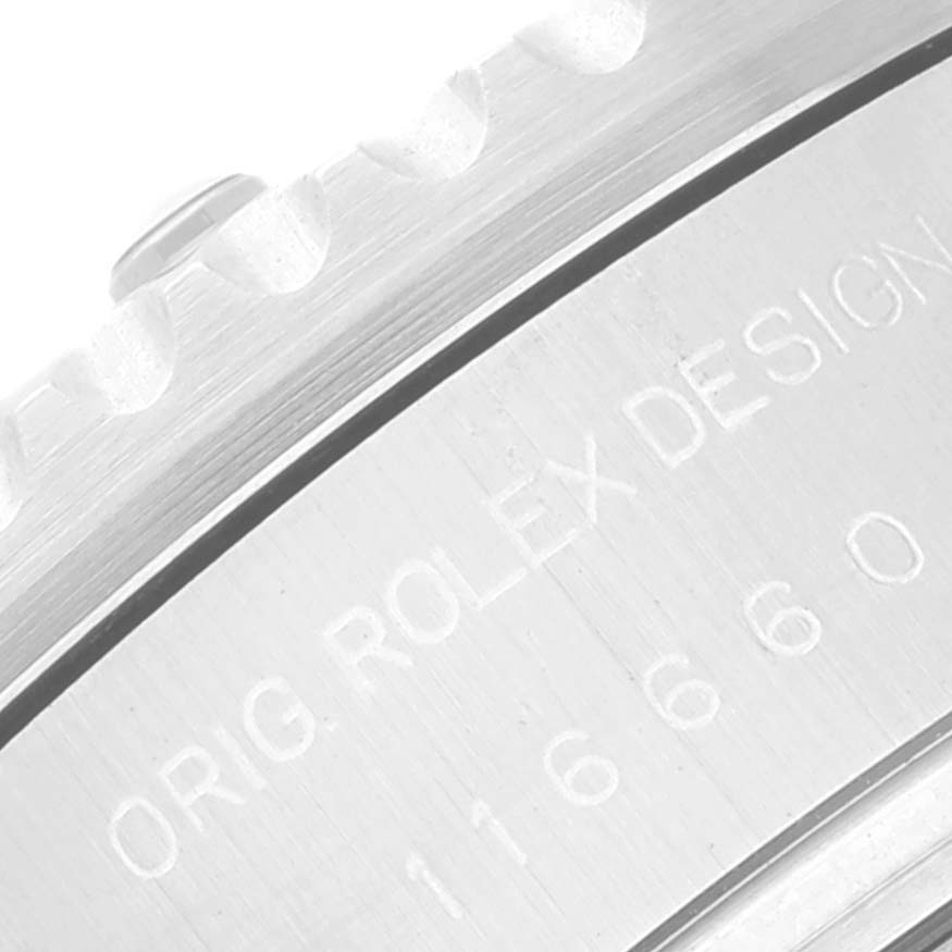 This close-up image shows the engraved case and a portion of the bezel of the Rolex Sea-Dweller 116660 Men's Stainless Steel Blue Dial 116660 Men's Stainless Steel Blue Dial watch.