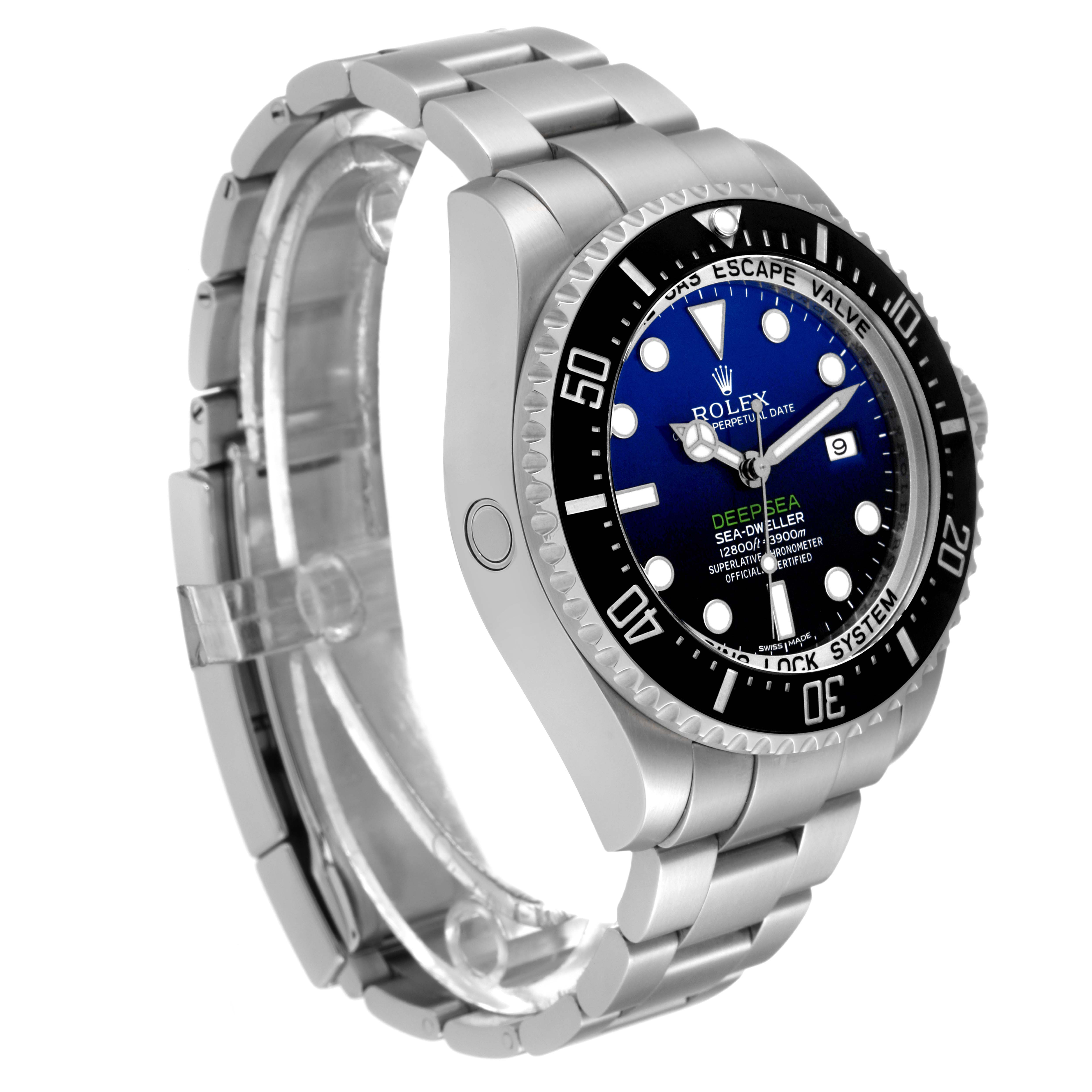 This image shows a Rolex Sea-Dweller 116660 Men's Stainless Steel Blue Dial 116660 Men's Stainless Steel Blue Dial watch from a side angle, focusing on its dial, bezel, and metal bracelet.