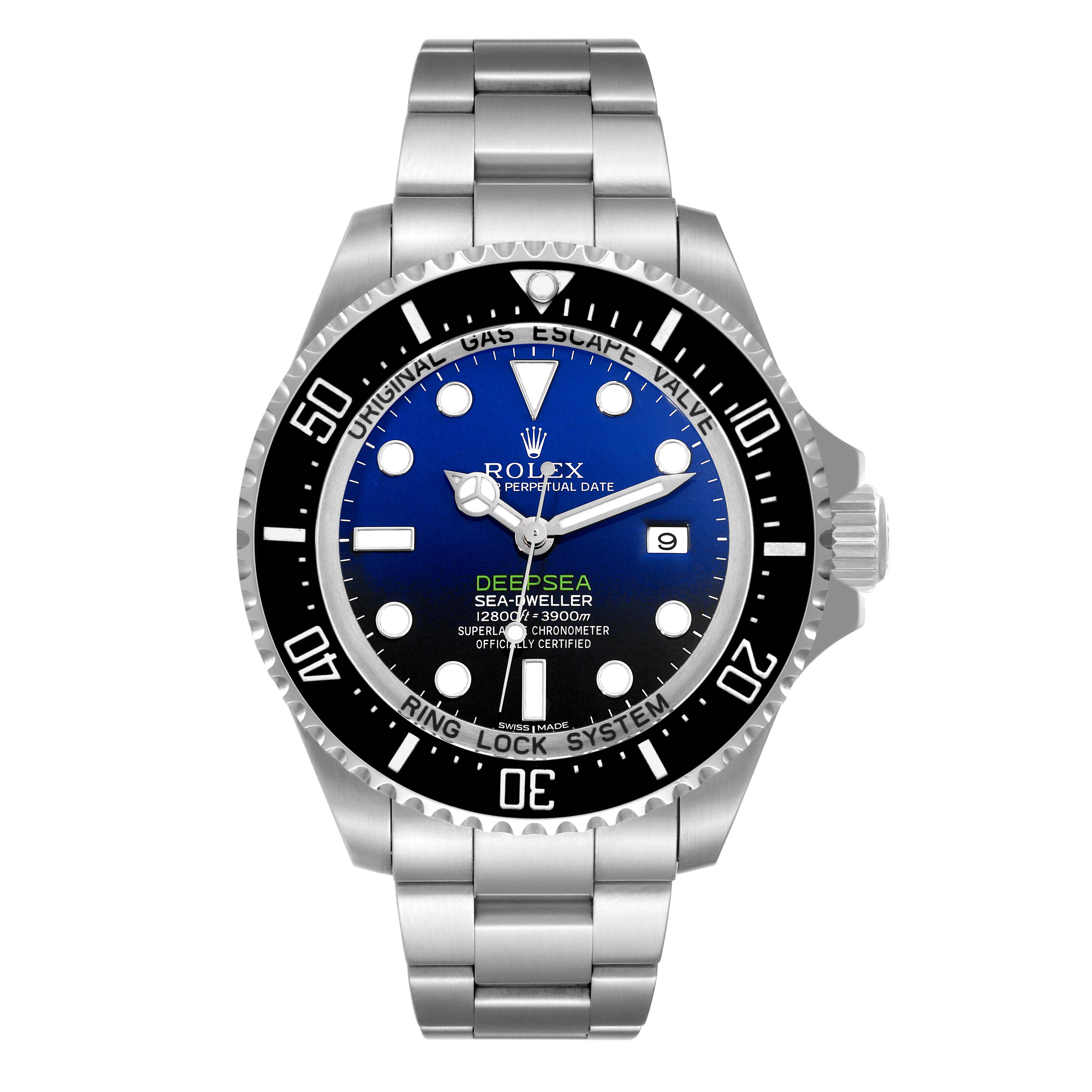 This image shows a front view of a Rolex Sea-Dweller 116660 Men's Stainless Steel Blue Dial 116660 Men's Stainless Steel Blue Dial watch featuring the face, bezel, and strap.