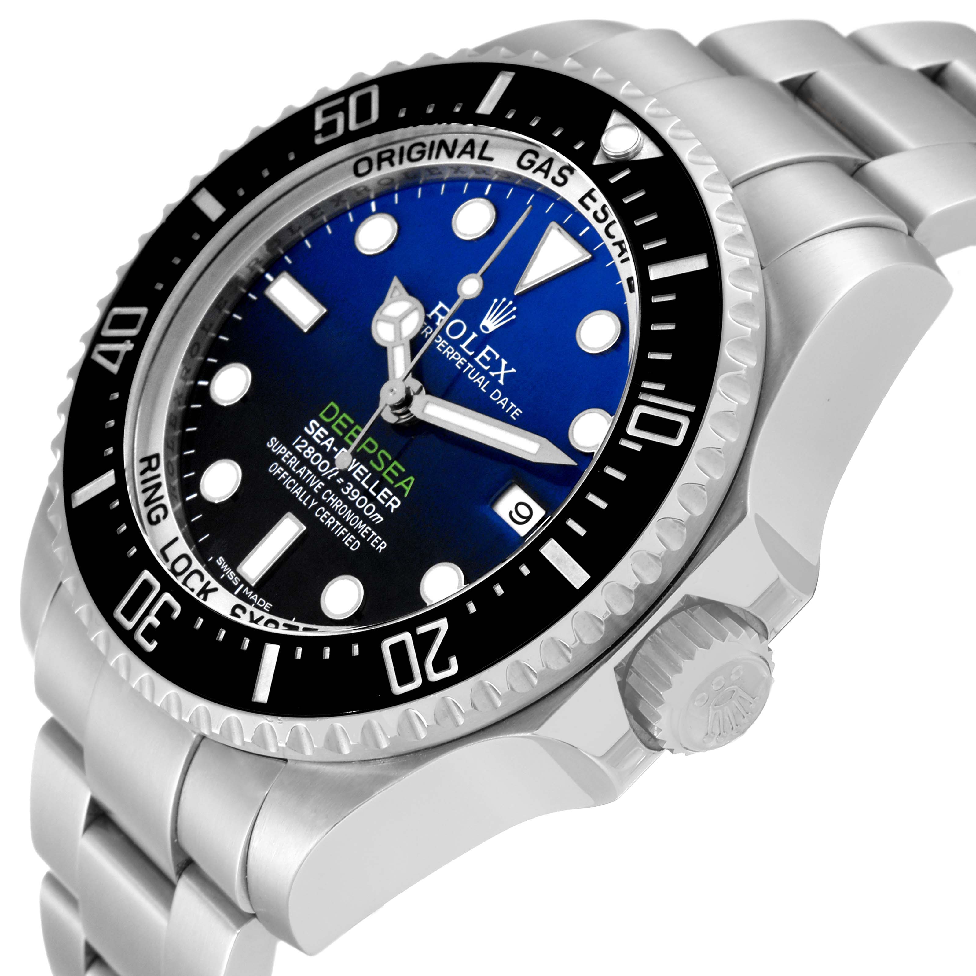 This image shows a close-up, angled view of the Rolex Sea-Dweller 116660 Men's Stainless Steel Blue Dial 116660 Men's Stainless Steel Blue Dial watch, highlighting its face, bezel, crown, and bracelet.