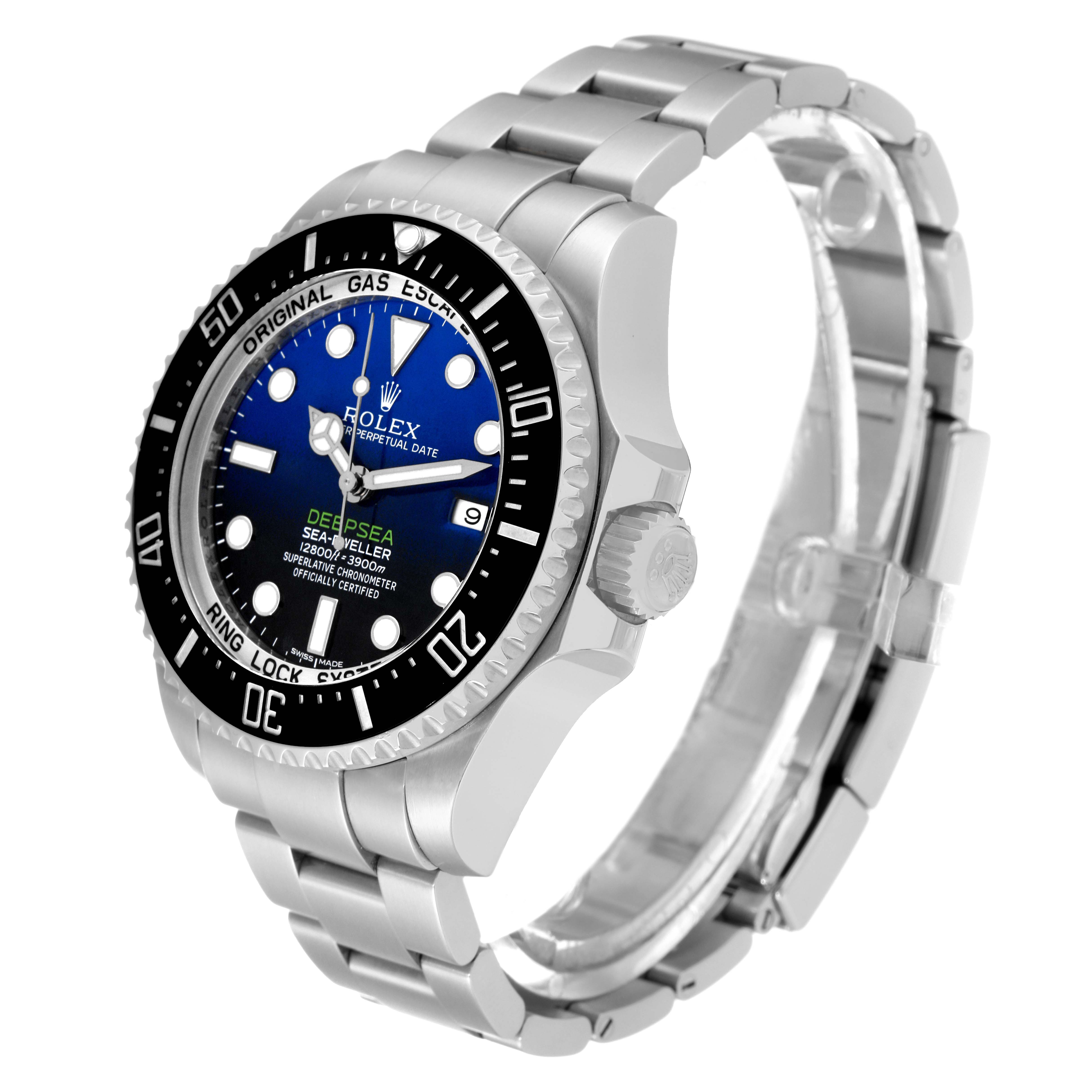 The image shows a side view of the Rolex Sea-Dweller 116660 Men's Stainless Steel Blue Dial 116660 Men's Stainless Steel Blue Dial watch, highlighting the bezel, dial, crown, and bracelet.