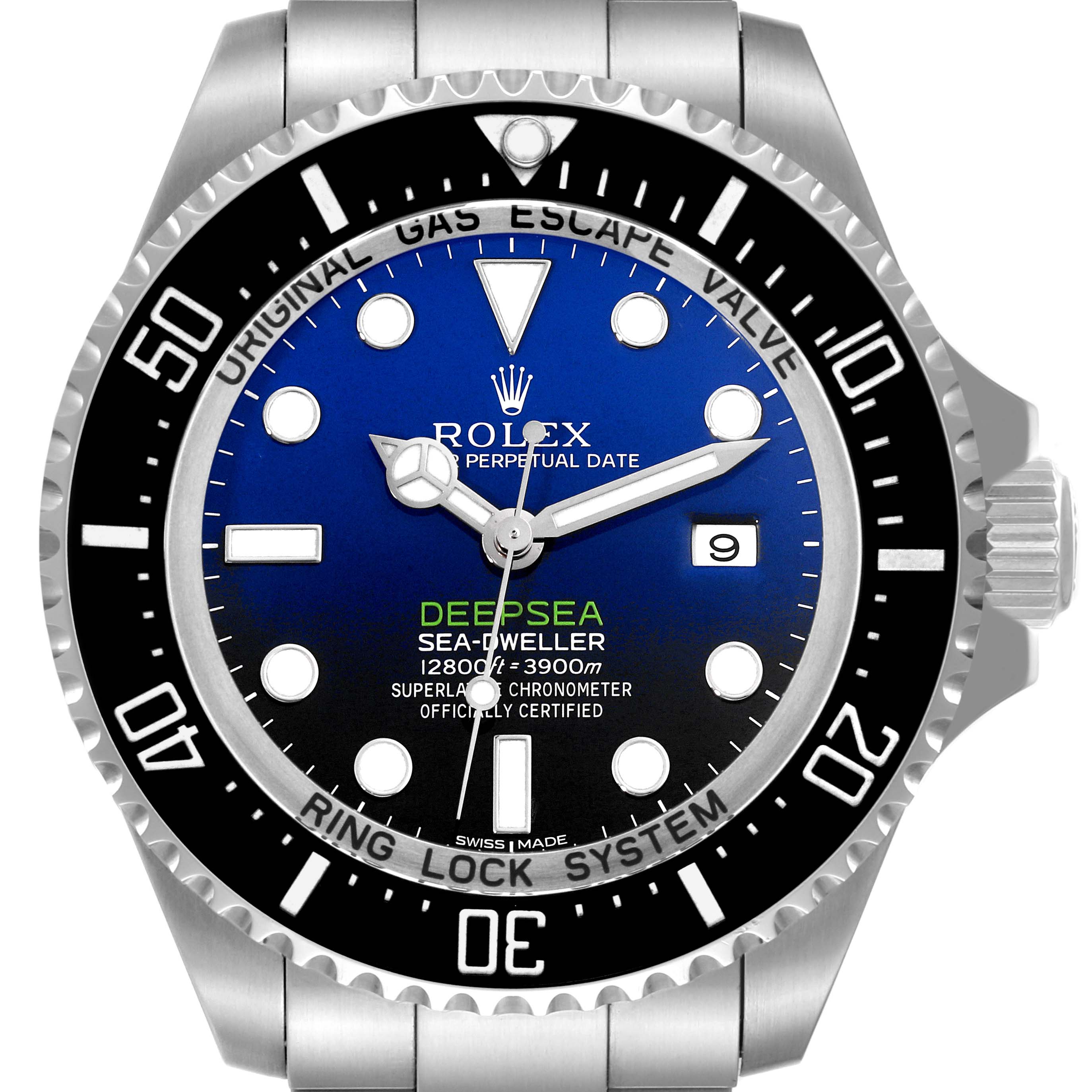 The image shows a front view of the Rolex Sea-Dweller 116660 Men's Stainless Steel Blue Dial 116660 Men's Stainless Steel Blue Dial watch, highlighting the dial, bezel, and crown.