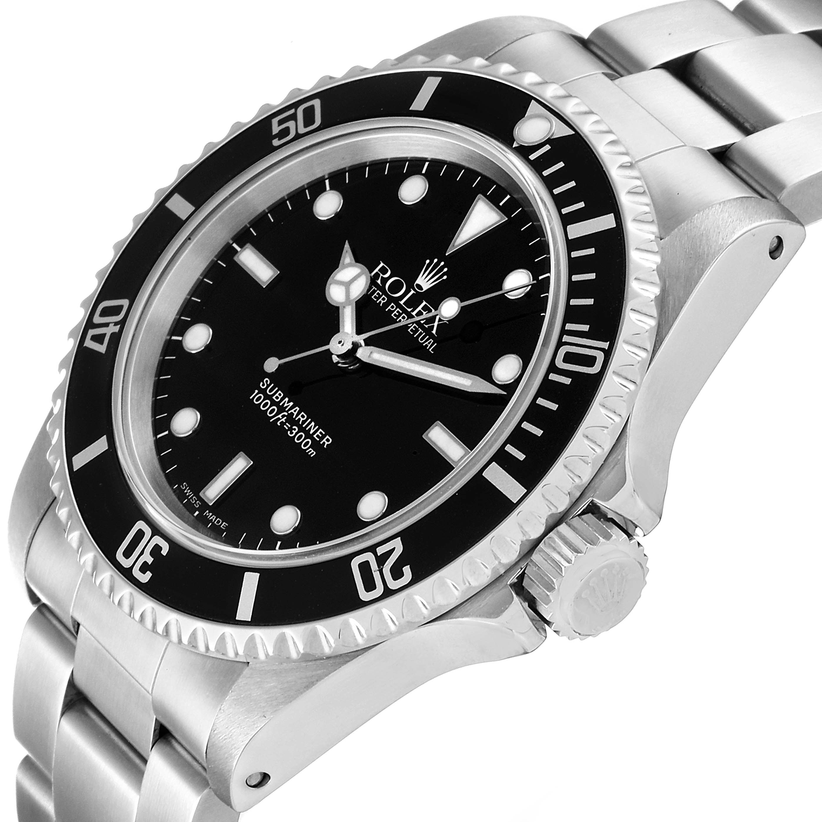 This image shows a close-up angled view of a Rolex Submariner 14060 Men
s Stainless Steel Black Dial 14060 Men
s Stainless Steel Black Dial, featuring the dial, bezel, and part of the bracelet.