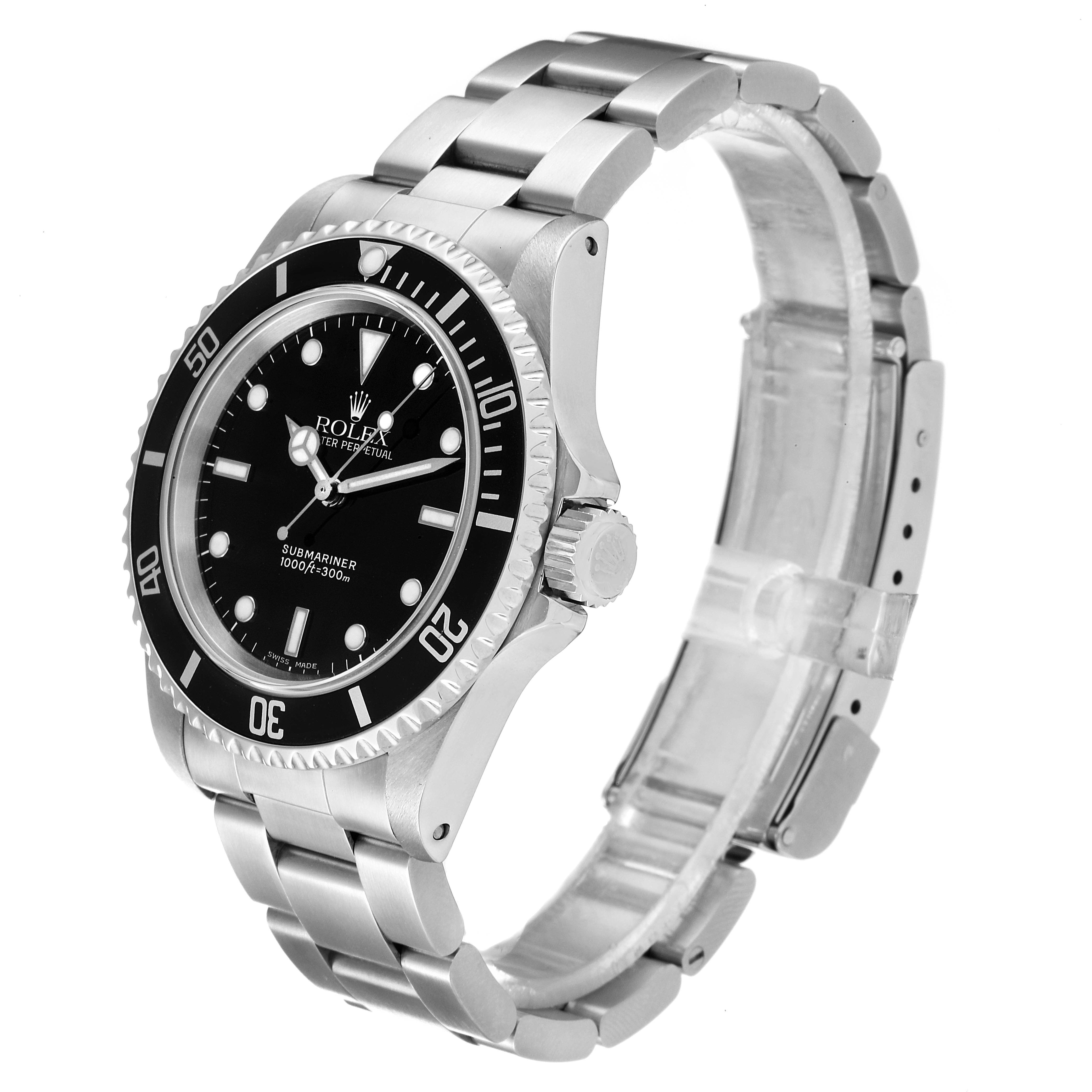 This image shows a Rolex Submariner 14060 Men
s Stainless Steel Black Dial 14060 Men
s Stainless Steel Black Dial watch at an angled side view, displaying the bezel, dial, crown, and bracelet.