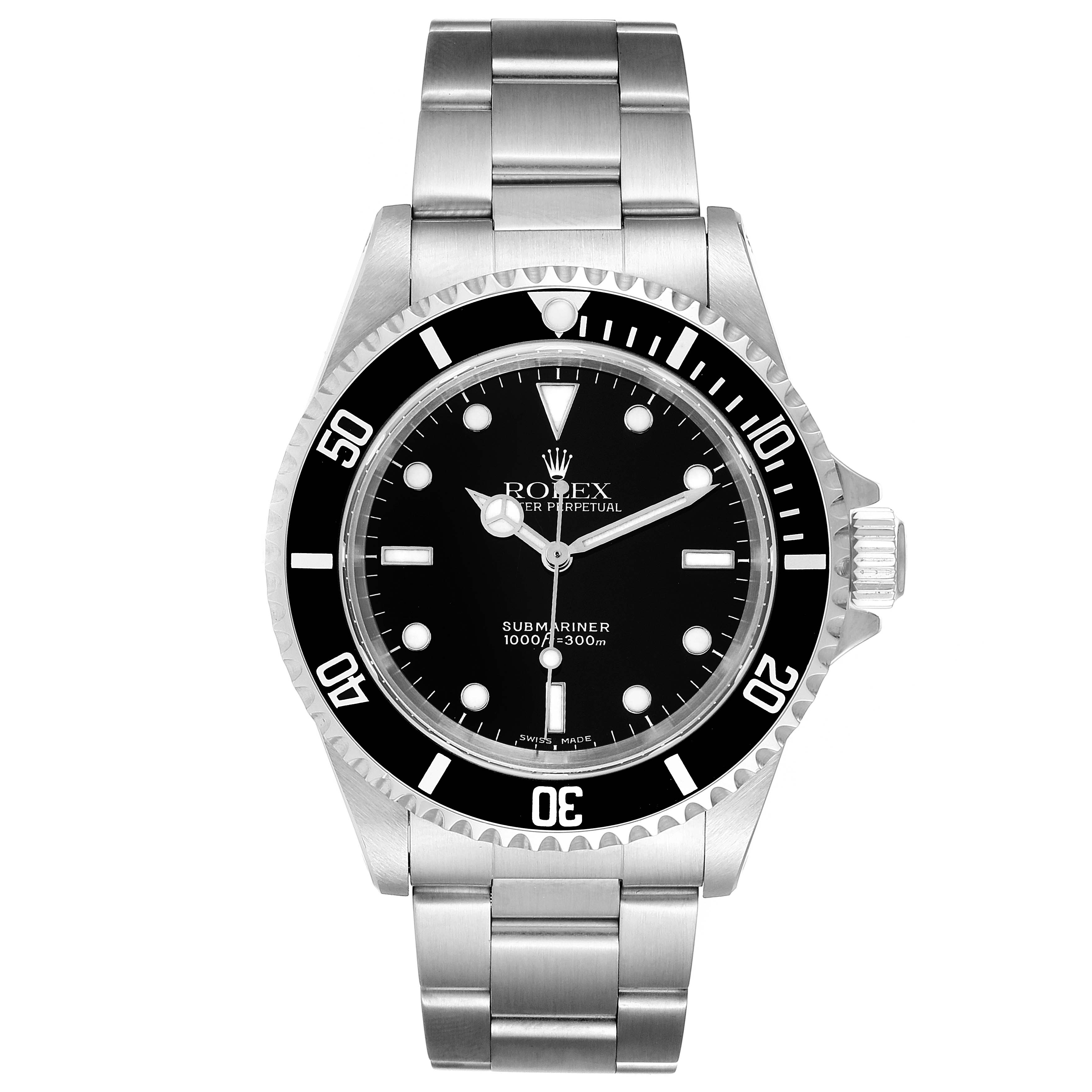 This image shows a front view of a Rolex Submariner 14060 Men
s Stainless Steel Black Dial 14060 Men
s Stainless Steel Black Dial watch, highlighting the dial, bezel, hands, and bracelet.