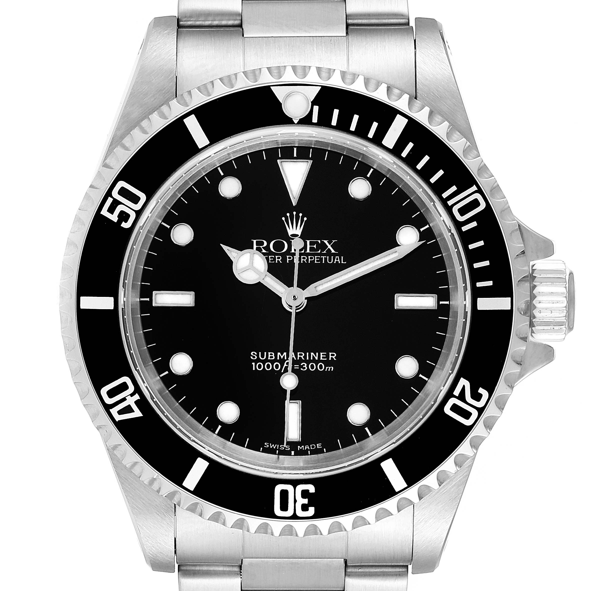 This image shows a close-up, frontal view of a Rolex Submariner 14060 Men
s Stainless Steel Black Dial 14060 Men
s Stainless Steel Black Dial watch, displaying its black dial, bezel, and stainless steel bracelet.