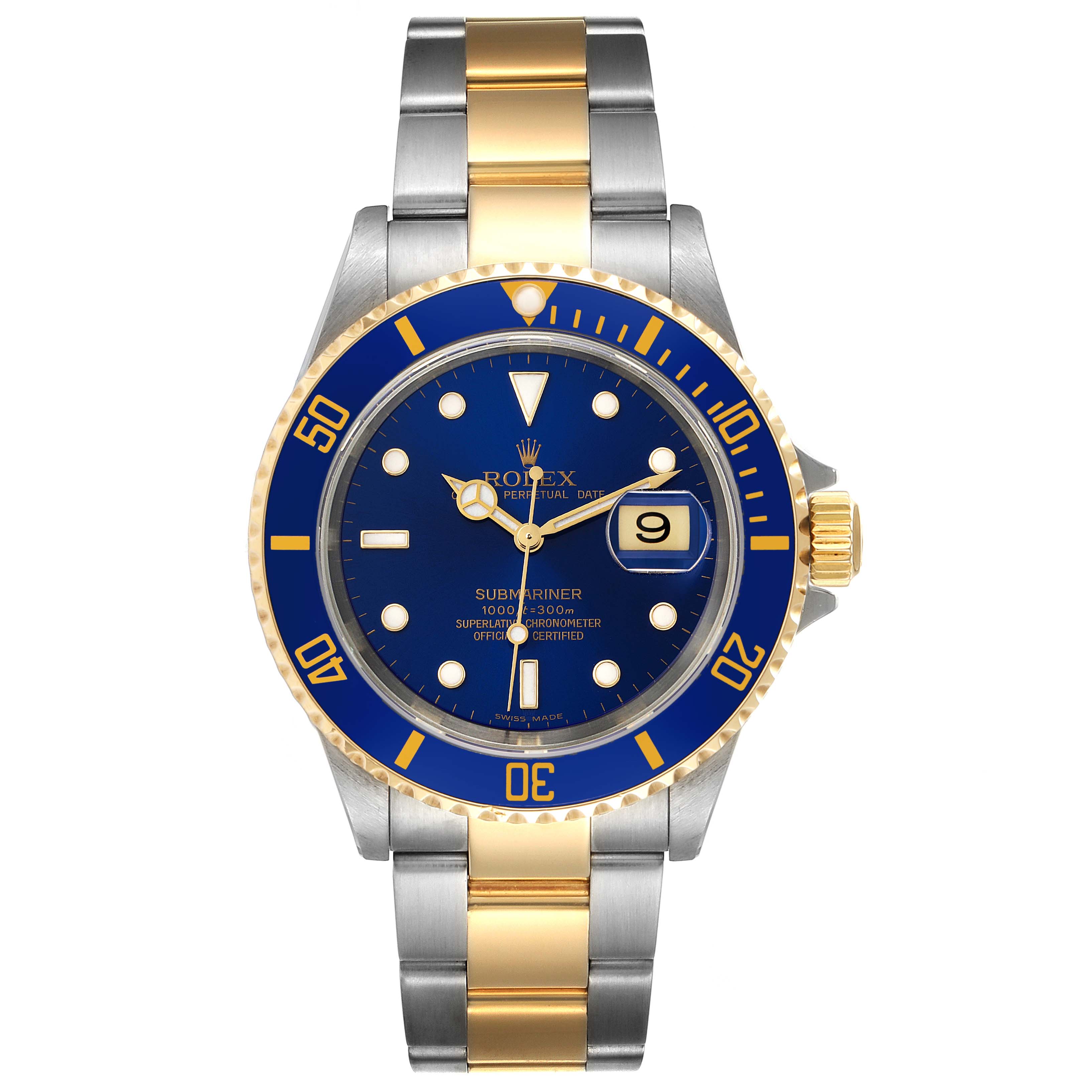 The Rolex Submariner 16613 Men
s Steel and Gold (two tone) Blue Dial 16613 Men
s Steel and Gold (two tone) Blue Dial watch is shown from the front, highlighting its blue dial, date window, and two-tone bracelet.