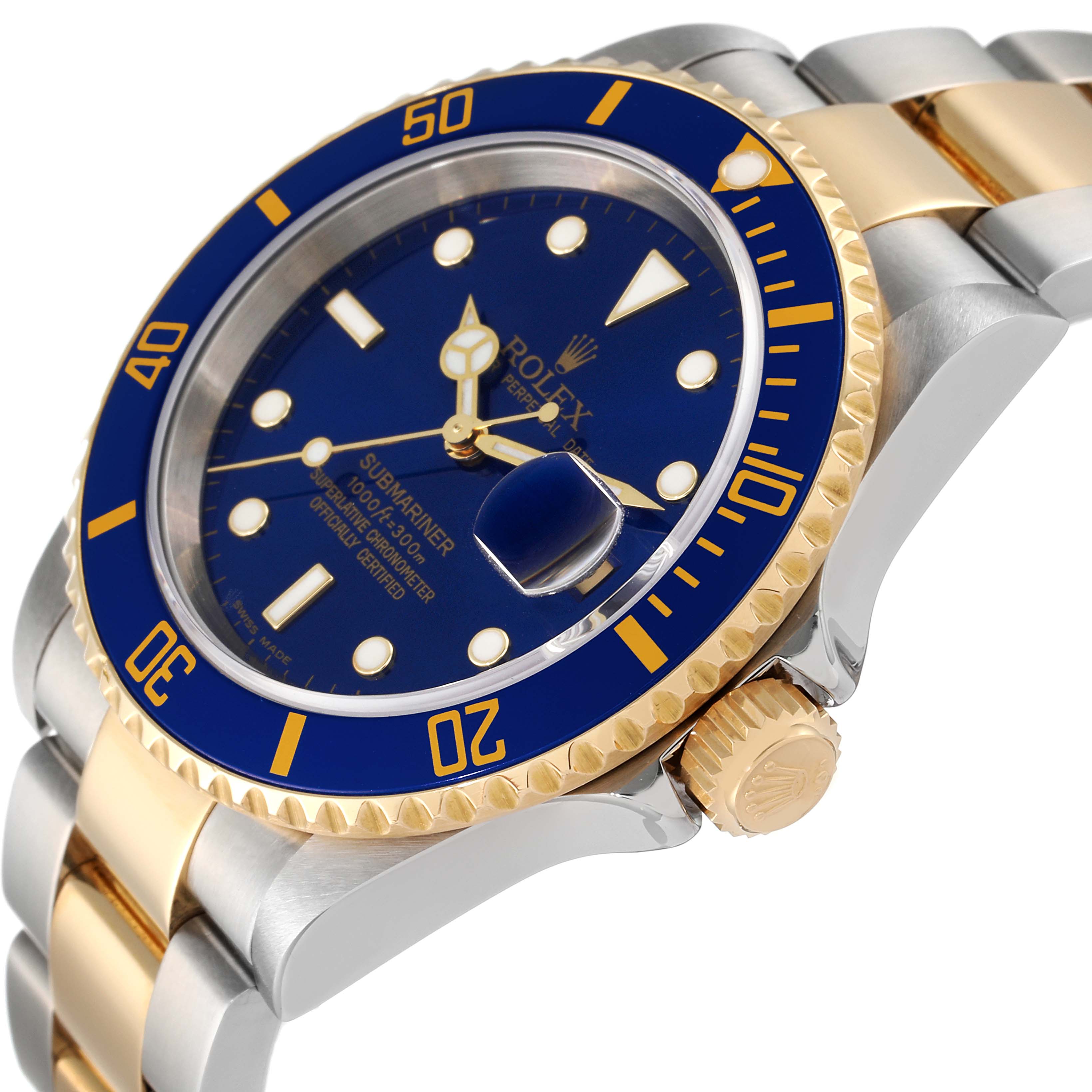 The image shows a Rolex Submariner 16613 Men
s Steel and Gold (two tone) Blue Dial 16613 Men
s Steel and Gold (two tone) Blue Dial watch at an oblique angle, highlighting its blue dial, gold-tone bezel, and crown.