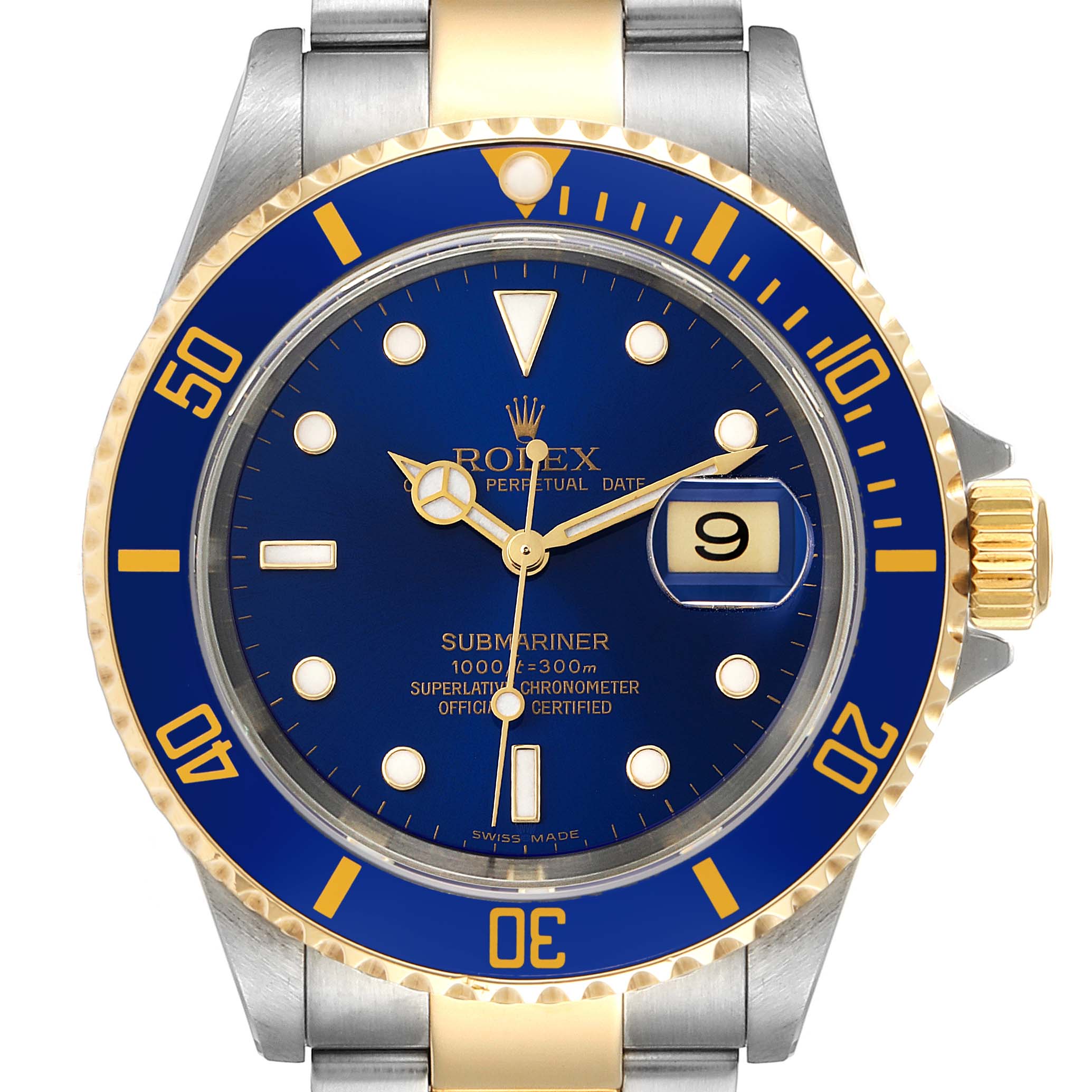 This is a front view of a Rolex Submariner 16613 Men
s Steel and Gold (two tone) Blue Dial 16613 Men
s Steel and Gold (two tone) Blue Dial watch showcasing its blue dial, gold accents, and date window.
