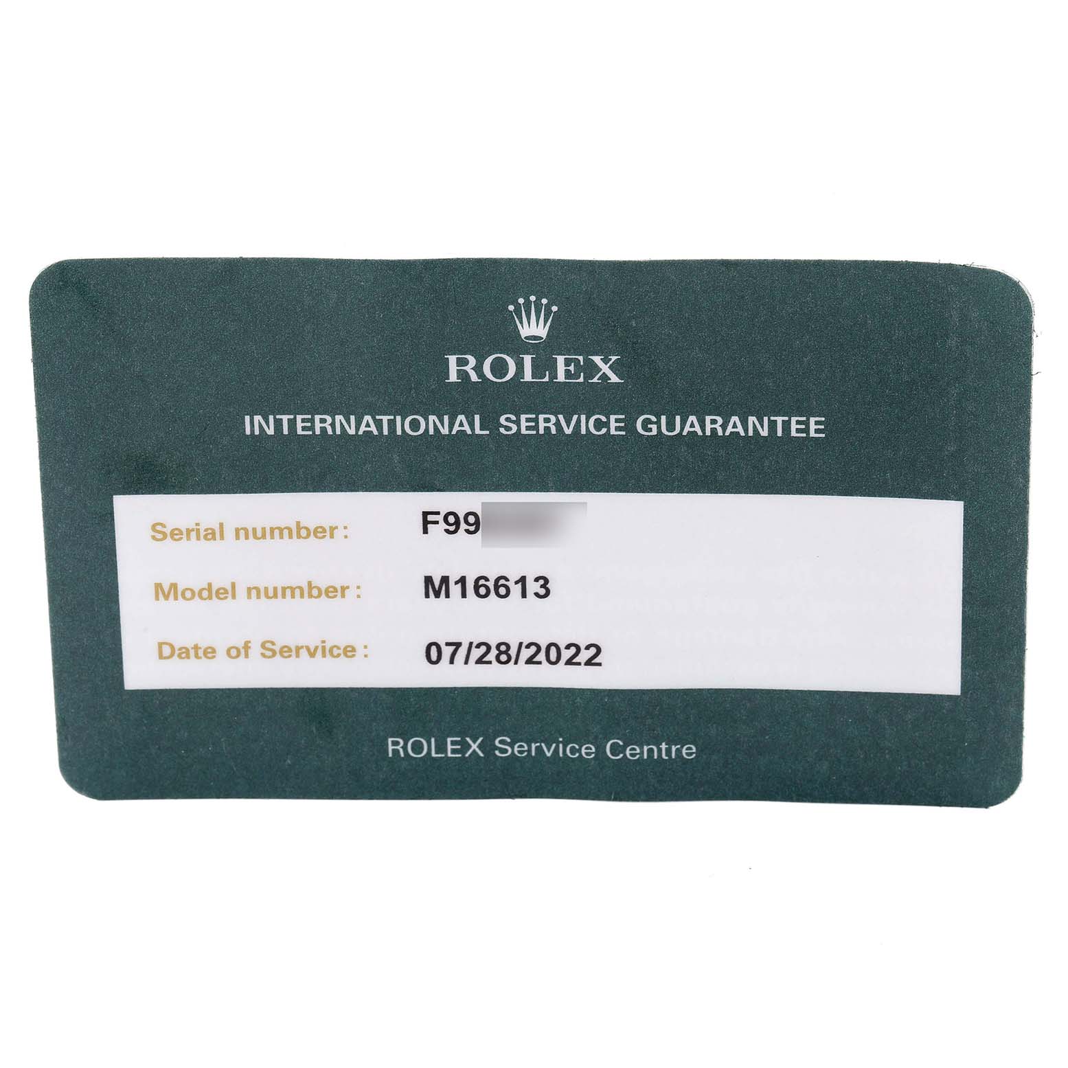 The image shows a Rolex International Service Guarantee card for the Submariner model M16613.