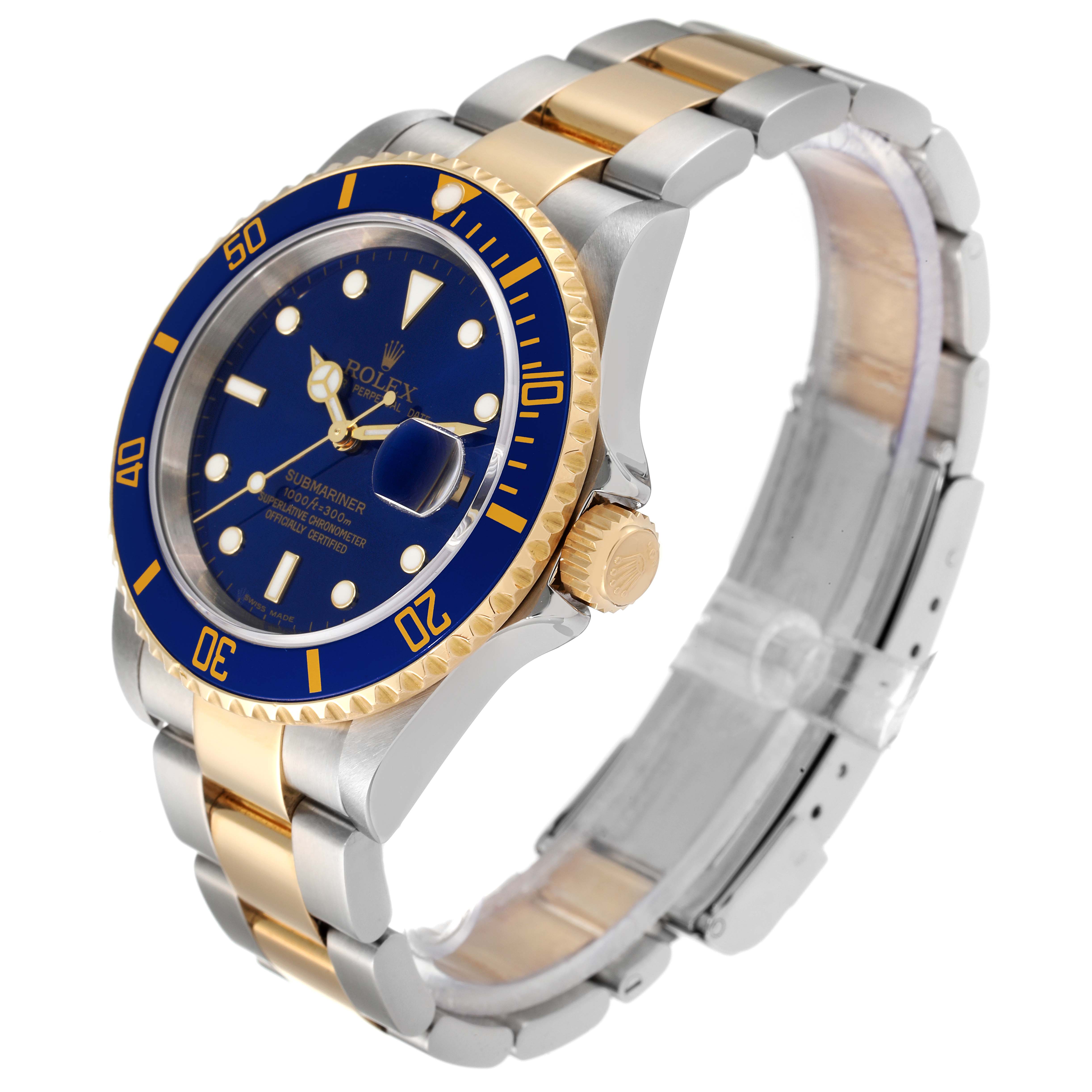 The image shows a three-quarter side angle of a Rolex Submariner 16613 Men
s Steel and Gold (two tone) Blue Dial 16613 Men
s Steel and Gold (two tone) Blue Dial watch, highlighting its face, bezel, crown, and two-tone bracelet.