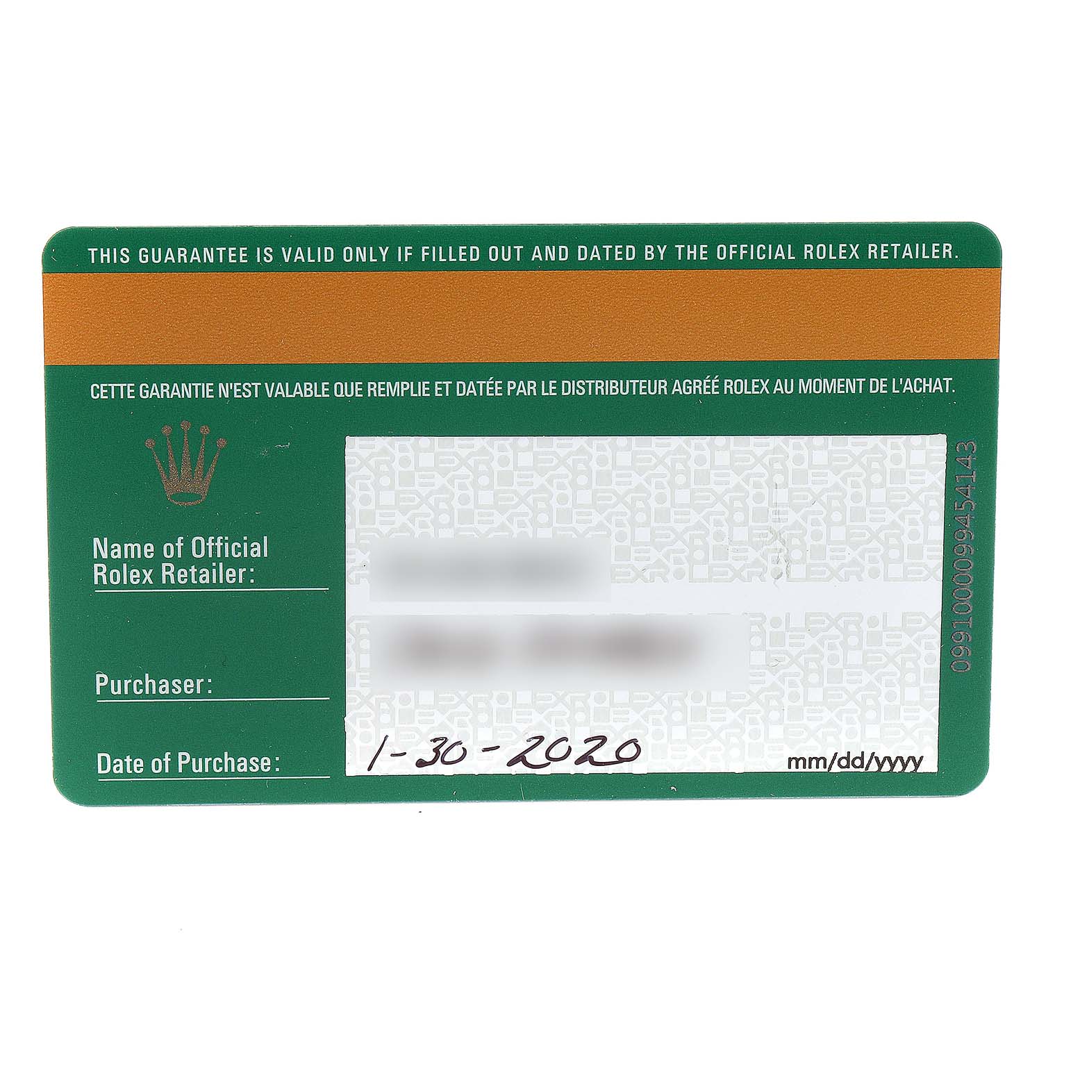 This image shows the guarantee card for the Rolex Submariner 116610LV Men
s Stainless Steel Green Dial 116610LV Men
s Stainless Steel Green Dial watch.