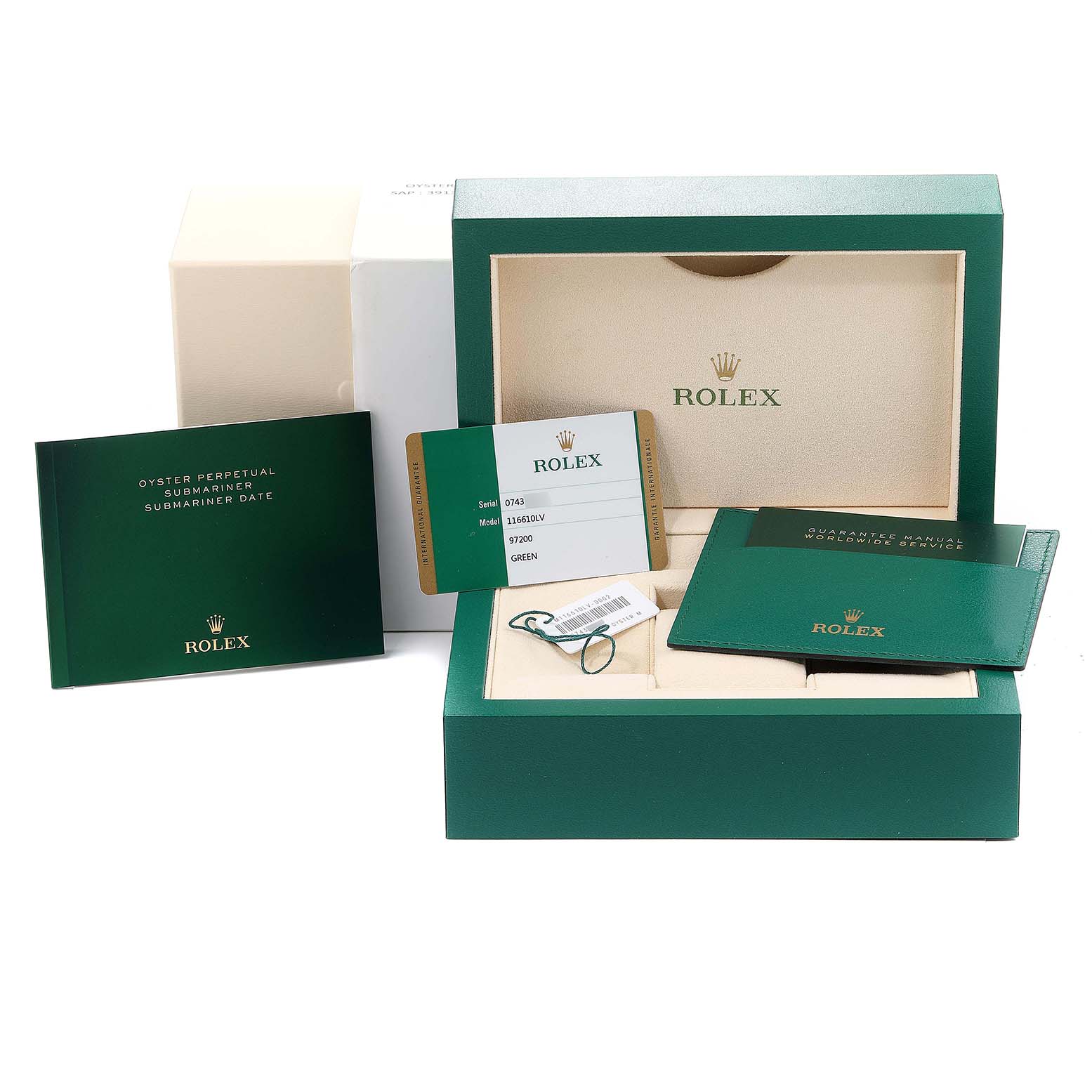 The image shows accessories and documentation for the Rolex Submariner 116610LV Men
s Stainless Steel Green Dial 116610LV Men
s Stainless Steel Green Dial, including the box, booklets, guarantee card, and tag.