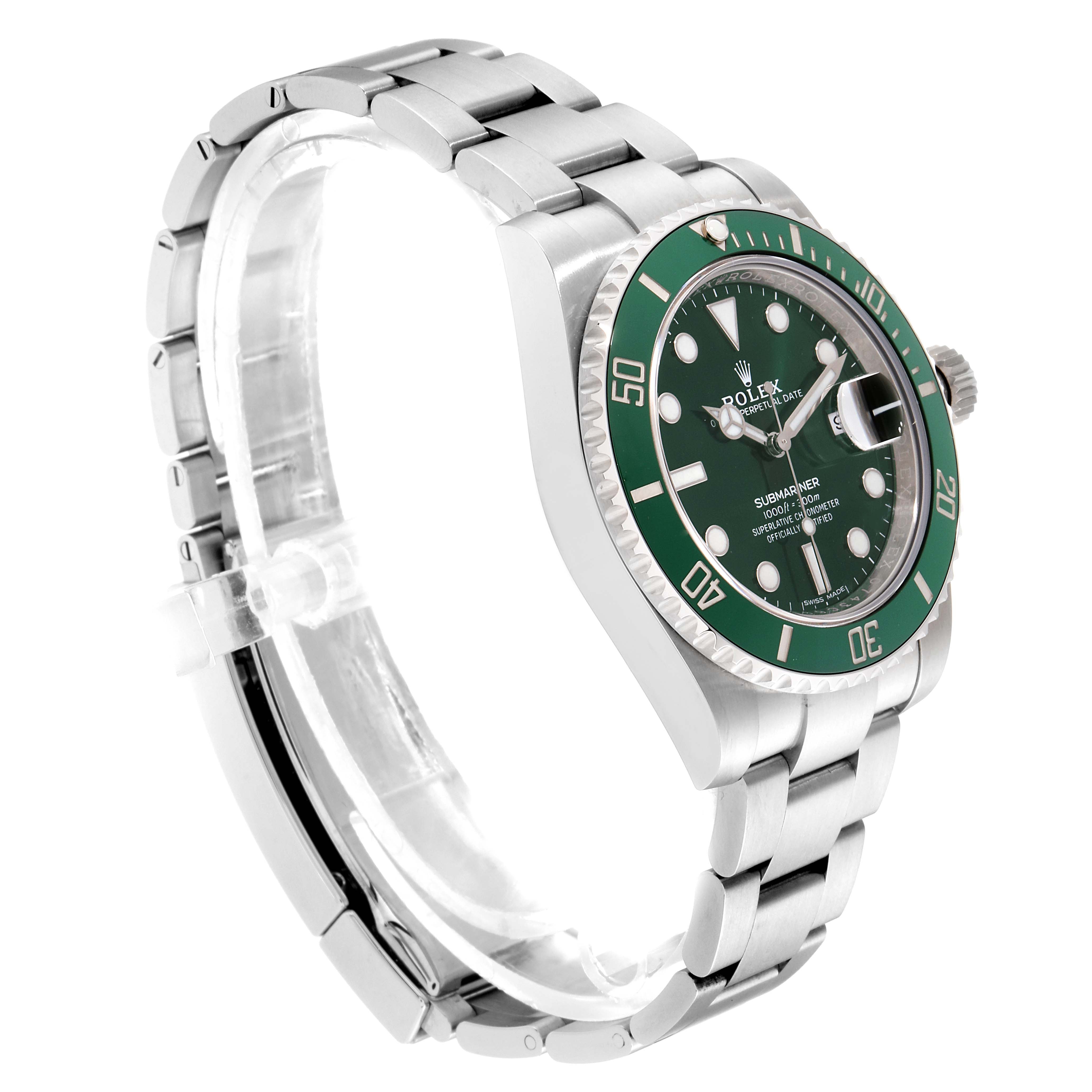 The image shows a side angle view of the Rolex Submariner 116610LV Men
s Stainless Steel Green Dial 116610LV Men
s Stainless Steel Green Dial watch, highlighting its stainless steel bracelet, green bezel, and face.