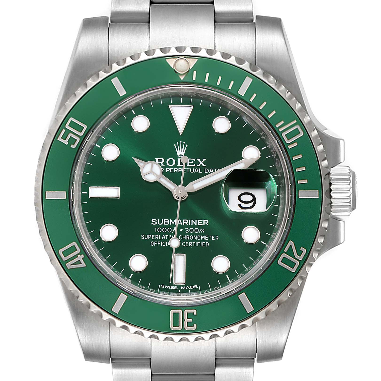 This image shows a front view of a Rolex Submariner 116610LV Men
s Stainless Steel Green Dial 116610LV Men
s Stainless Steel Green Dial watch, showcasing its green dial, bezel, date window, and stainless steel bracelet.