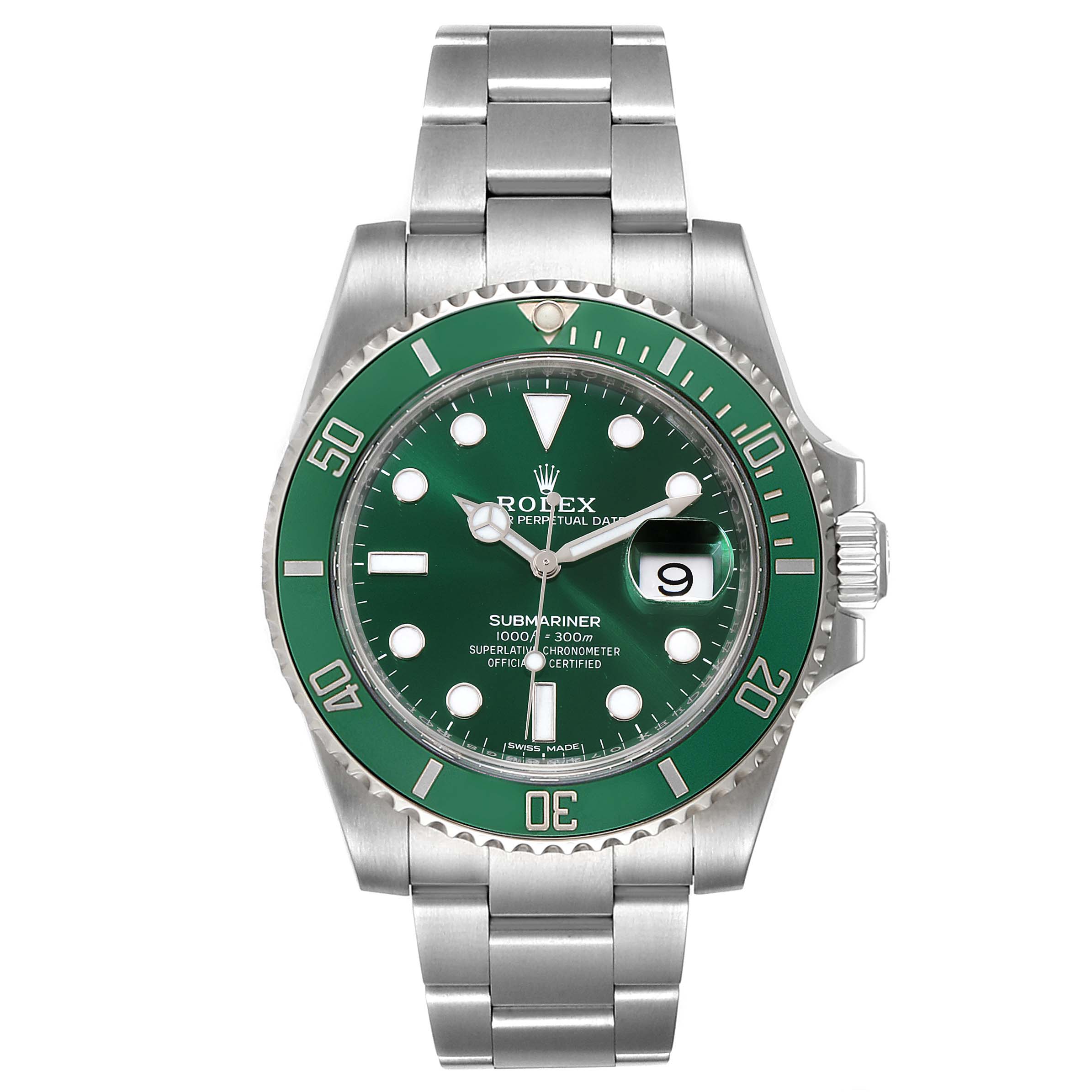 This image shows a frontal view of the Rolex Submariner 116610LV Men
s Stainless Steel Green Dial 116610LV Men
s Stainless Steel Green Dial watch, featuring its green dial, bezel, and stainless steel bracelet.