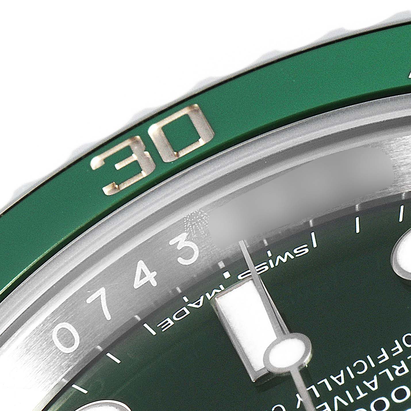 This image shows the bezel and part of the dial of a Rolex Submariner 116610LV Men
s Stainless Steel Green Dial 116610LV Men
s Stainless Steel Green Dial watch.