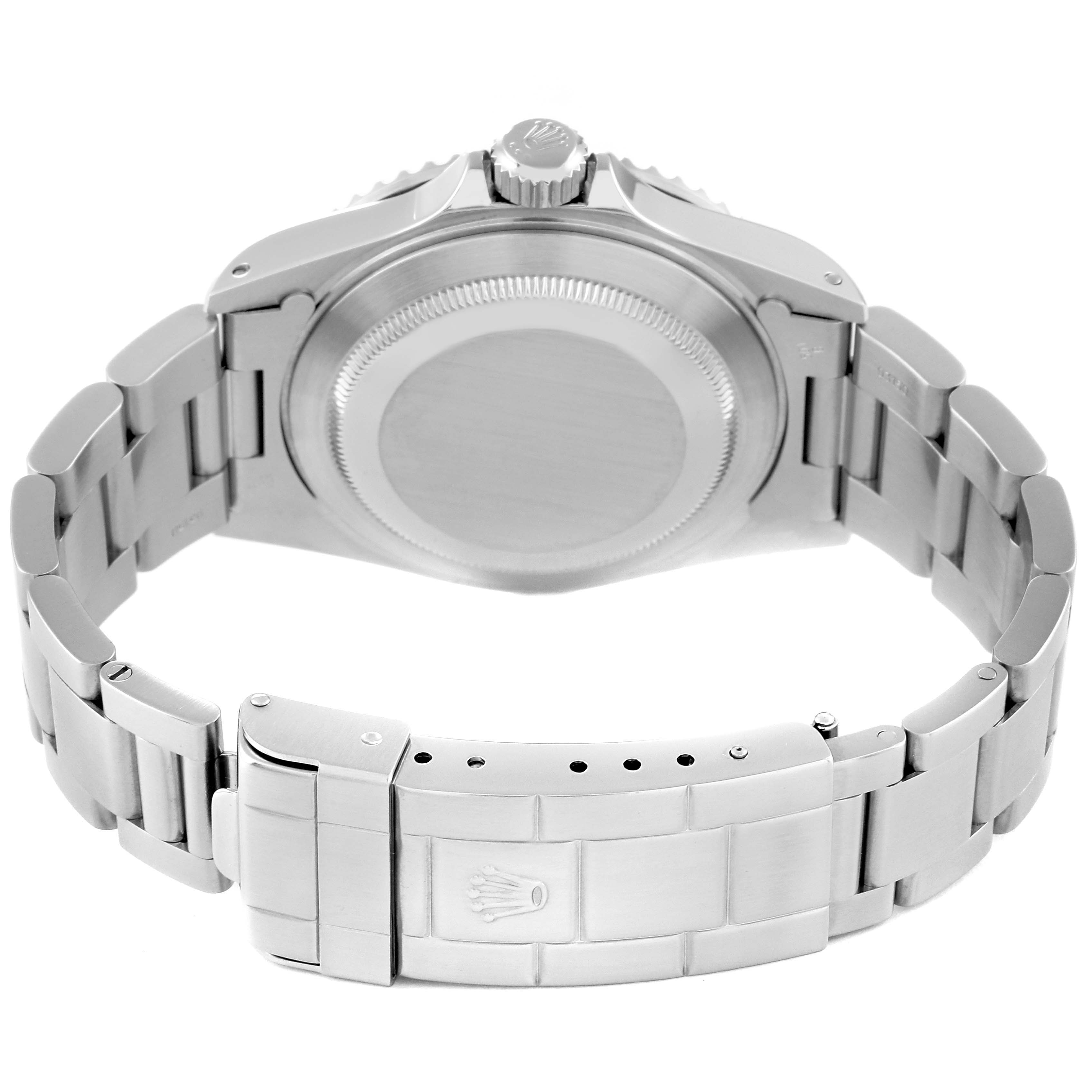 The image shows the back view of a Rolex Submariner 14060M Men
s Stainless Steel Black Dial 14060M Men
s Stainless Steel Black Dial, including the case back and bracelet with the clasp.