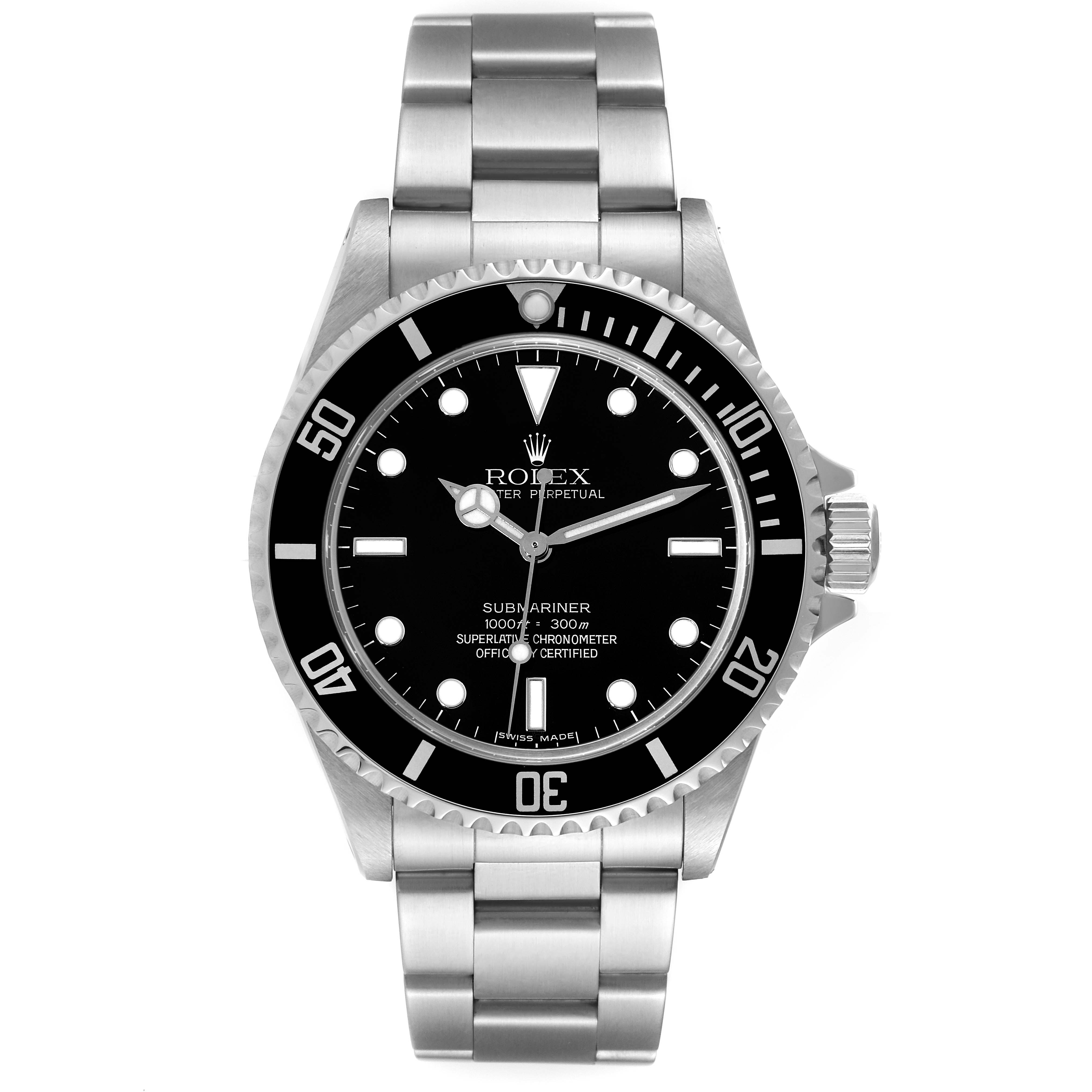 The image shows a frontal view of a Rolex Submariner 14060M Men
s Stainless Steel Black Dial 14060M Men
s Stainless Steel Black Dial watch, highlighting the dial, hands, bezel, and bracelet.