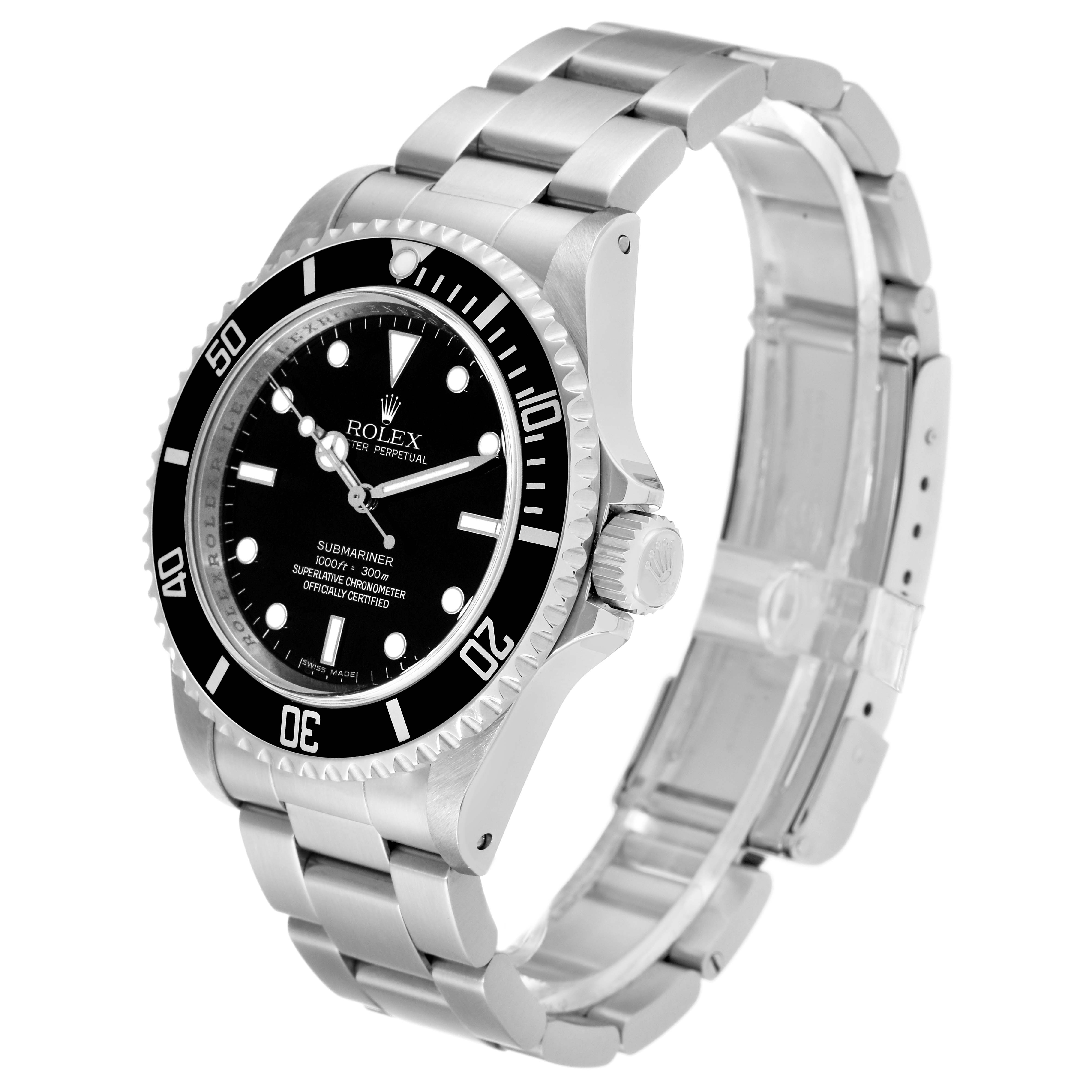 The image shows a Rolex Submariner 14060M Men
s Stainless Steel Black Dial 14060M Men
s Stainless Steel Black Dial watch from a three-quarter angle, highlighting the face, bezel, crown, and bracelet.
