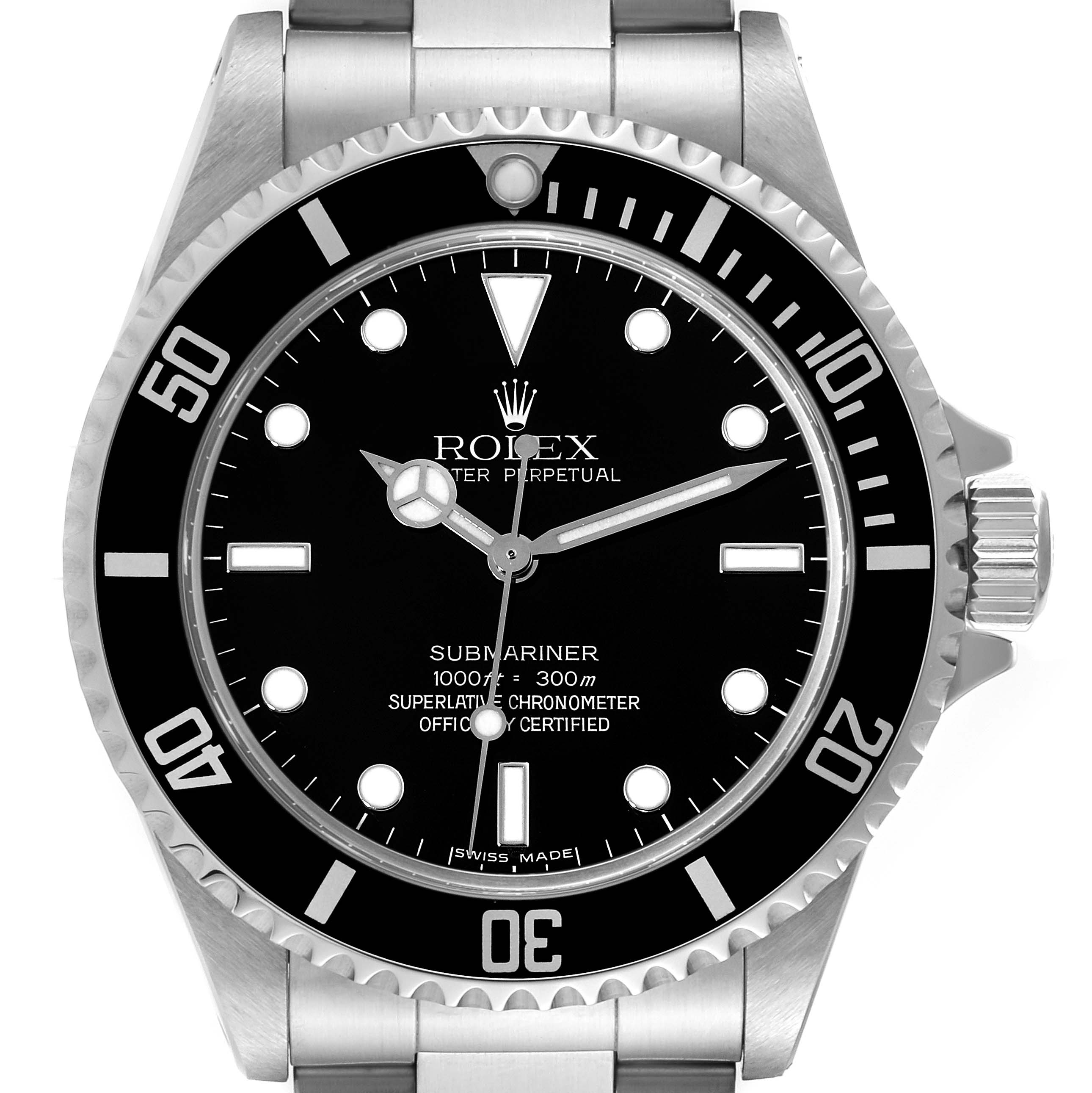This image shows a front view of the Rolex Submariner 14060M Men
s Stainless Steel Black Dial 14060M Men
s Stainless Steel Black Dial watch, highlighting its dial, bezel, and part of the stainless steel bracelet.