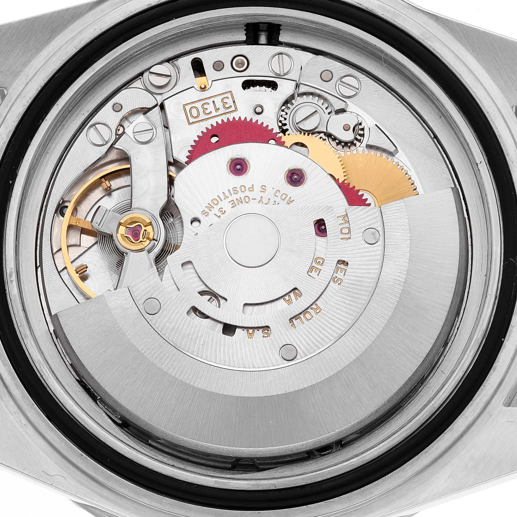 This is a close-up view of the Rolex Submariner 14060M Men
s Stainless Steel Black Dial 14060M Men
s Stainless Steel Black Dial
s internal movement mechanism.