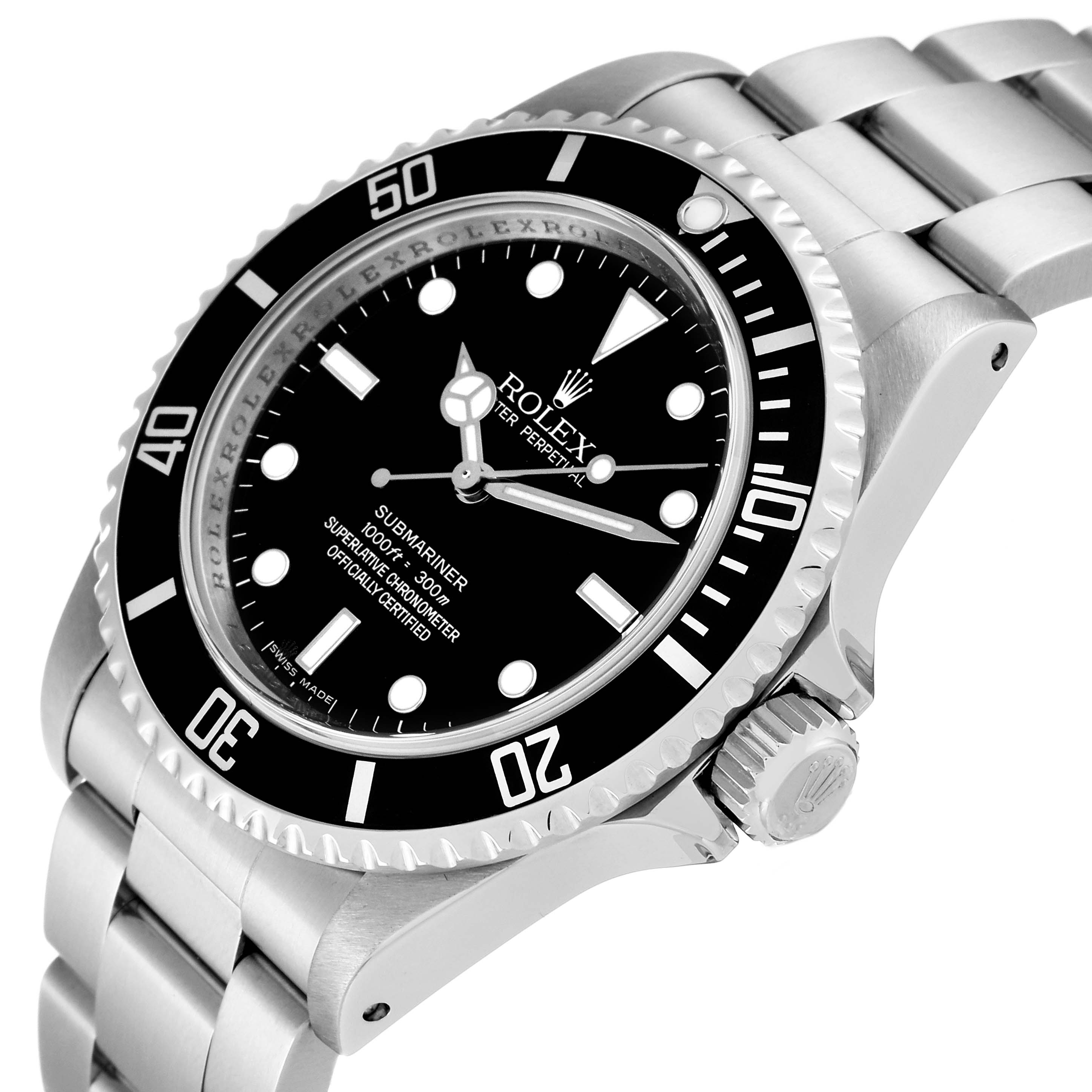 The image shows a close-up side view of the Rolex Submariner 14060M Men
s Stainless Steel Black Dial 14060M Men
s Stainless Steel Black Dial watch, focusing on the bezel, dial, and bracelet.