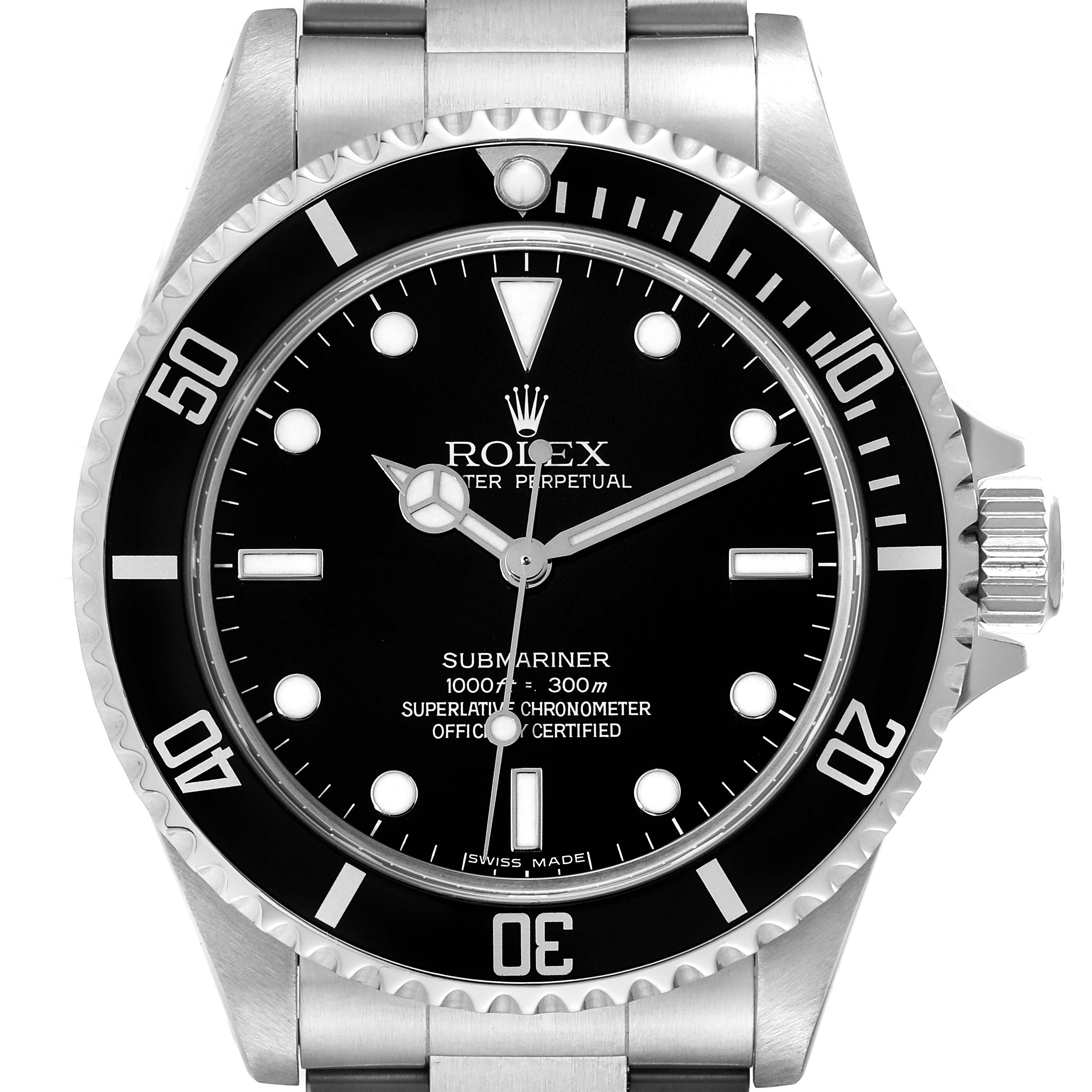 This image shows a front view of a Rolex Submariner 14060M Men
s Stainless Steel Black Dial 14060M Men
s Stainless Steel Black Dial watch, displaying its black dial, bezel, and stainless steel bracelet.