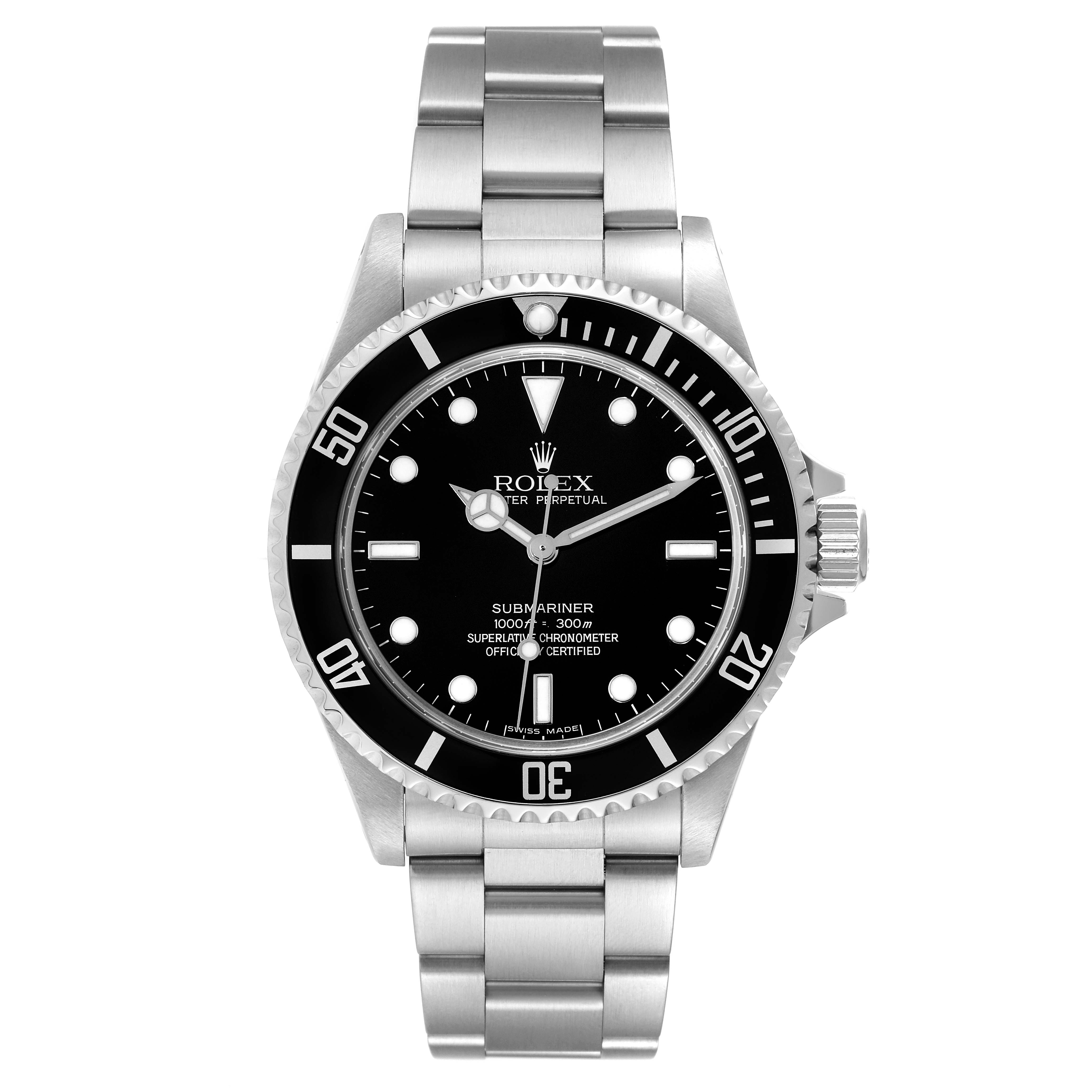 The image shows a front view of a Rolex Submariner 14060M Men
s Stainless Steel Black Dial 14060M Men
s Stainless Steel Black Dial watch, displaying its face, bezel, dial, and bracelet.