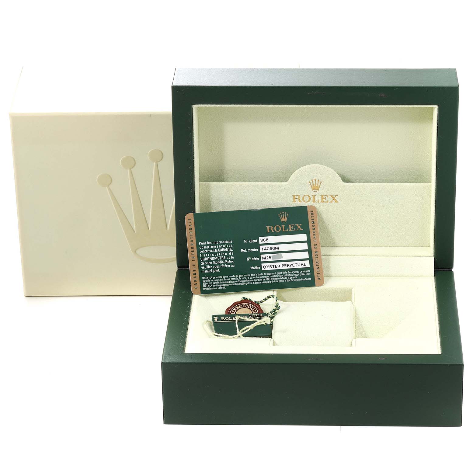 The image shows the open box packaging for a Rolex Submariner 14060M Men
s Stainless Steel Black Dial 14060M Men
s Stainless Steel Black Dial watch, with the warranty card and accessories displayed.