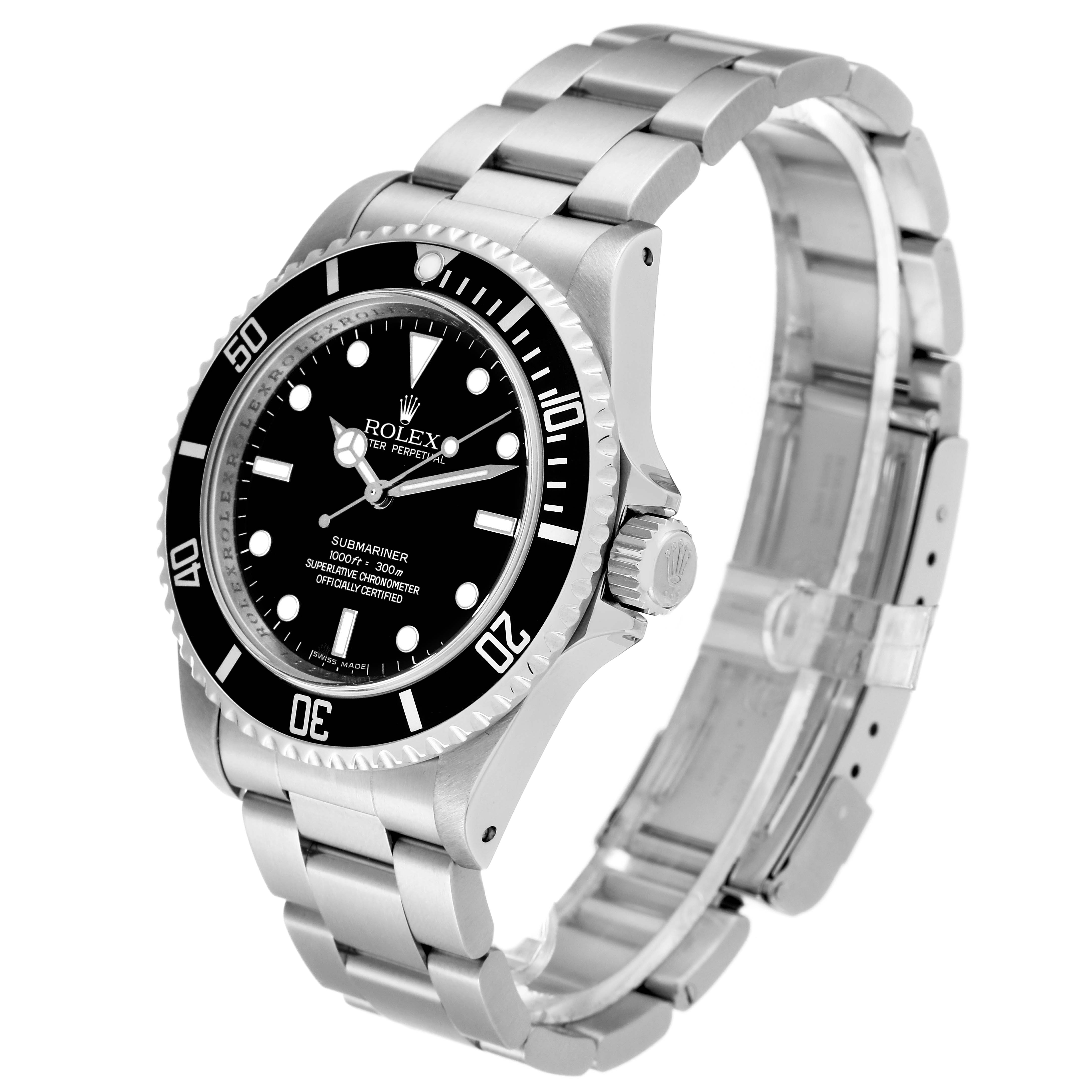 The image shows a Rolex Submariner 14060M Men
s Stainless Steel Black Dial 14060M Men
s Stainless Steel Black Dial watch at a three-quarter angle, highlighting the face, bezel, crown, and metal bracelet.
