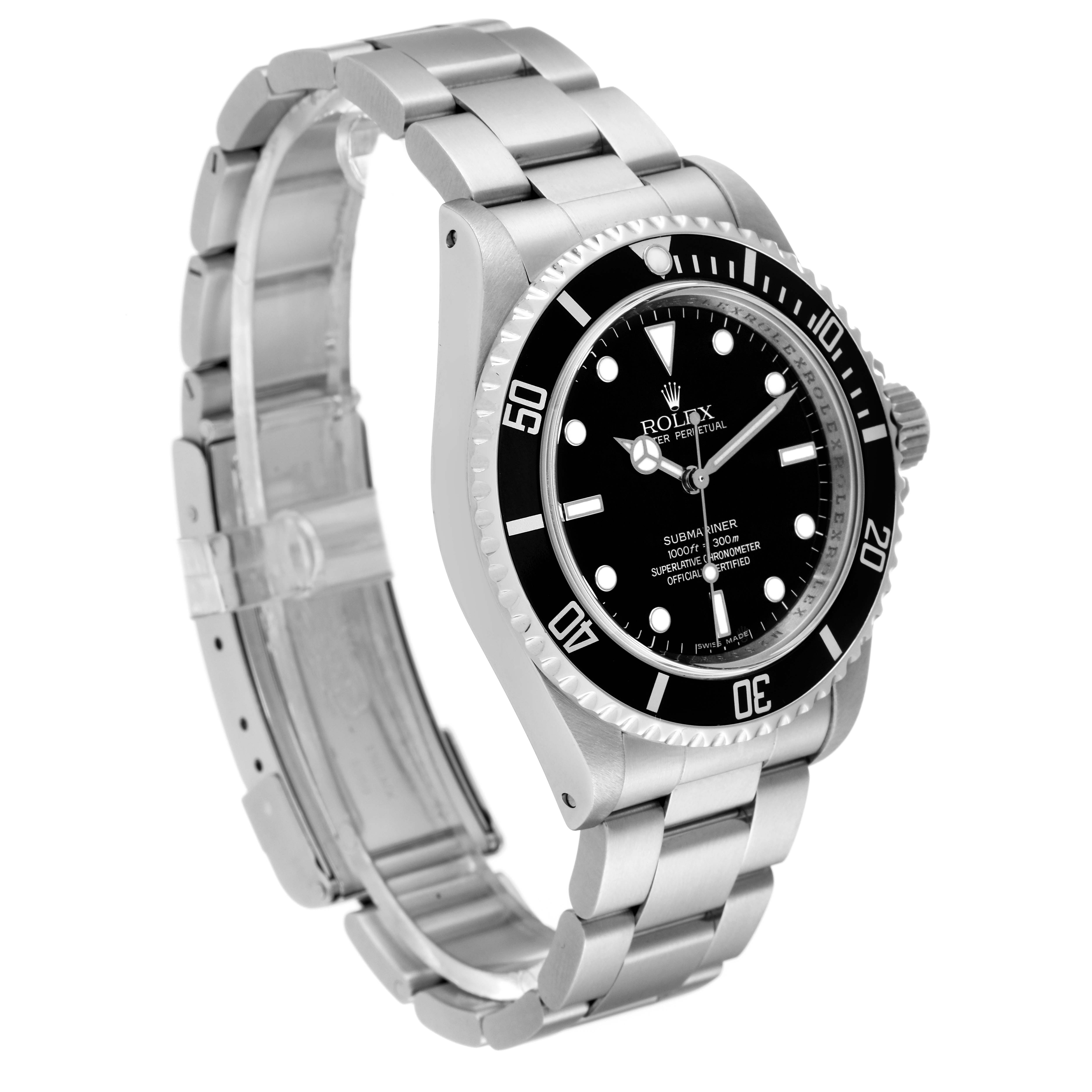 This image shows a Rolex Submariner 14060M Men
s Stainless Steel Black Dial 14060M Men
s Stainless Steel Black Dial watch at an angle displaying its dial, bezel, crown, and bracelet.