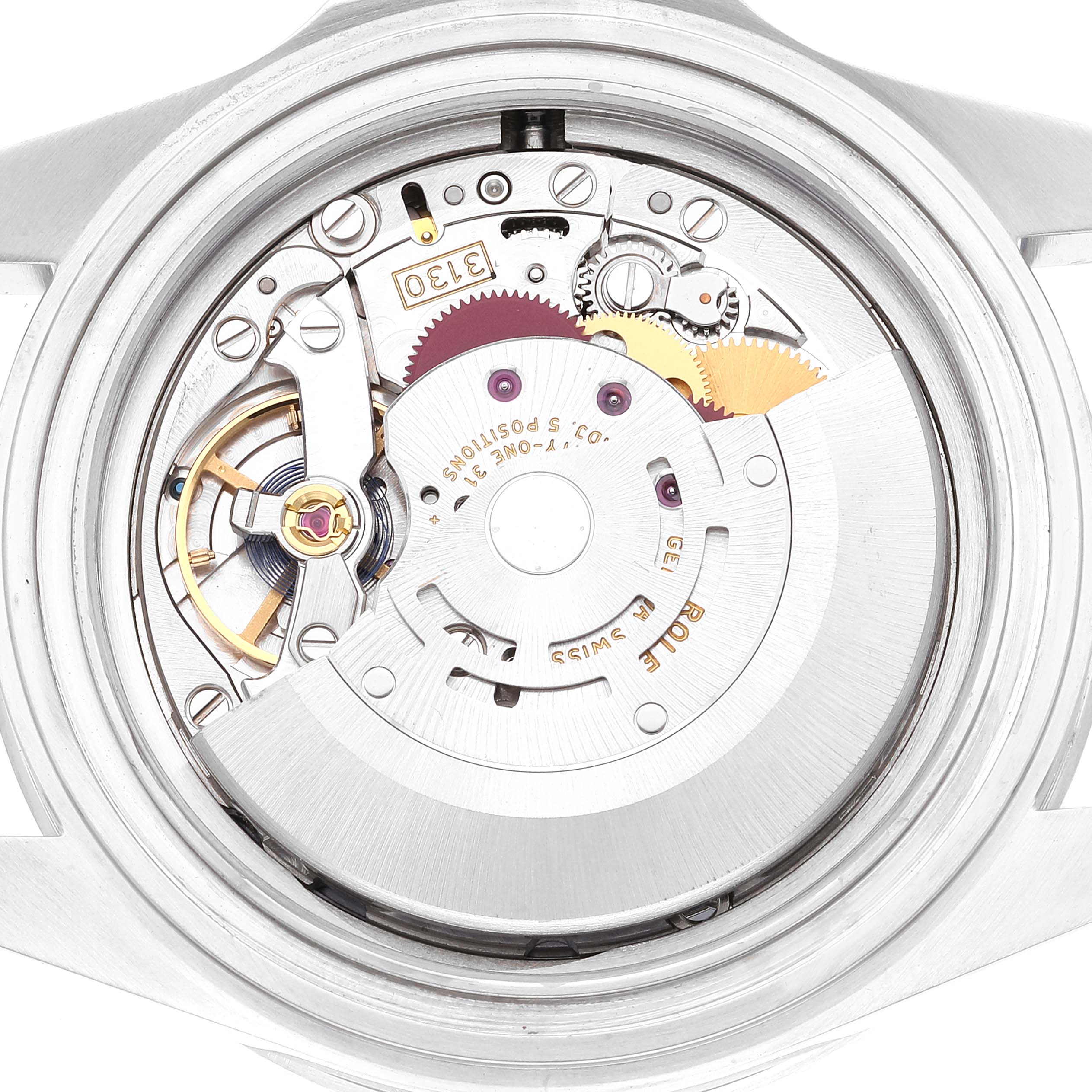 This image shows the internal mechanism of a Rolex Submariner 14060 Men
s Stainless Steel Black Dial 14060 Men
s Stainless Steel Black Dial watch, viewed from the back with the case removed.