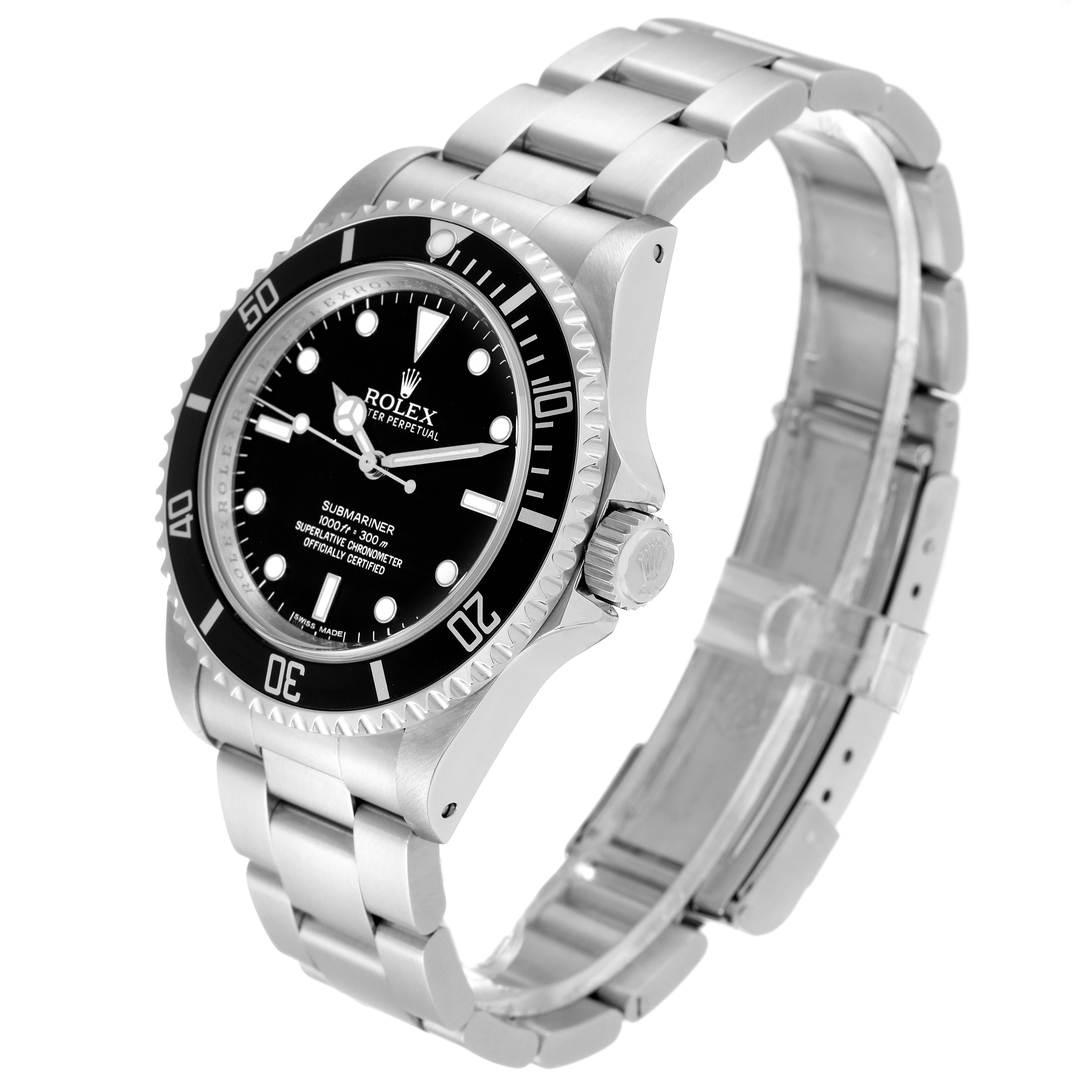 The image shows a side and front angle of a Rolex Submariner 14060 Men
s Stainless Steel Black Dial 14060 Men
s Stainless Steel Black Dial watch, displaying the bracelet, crown, bezel, and dial.