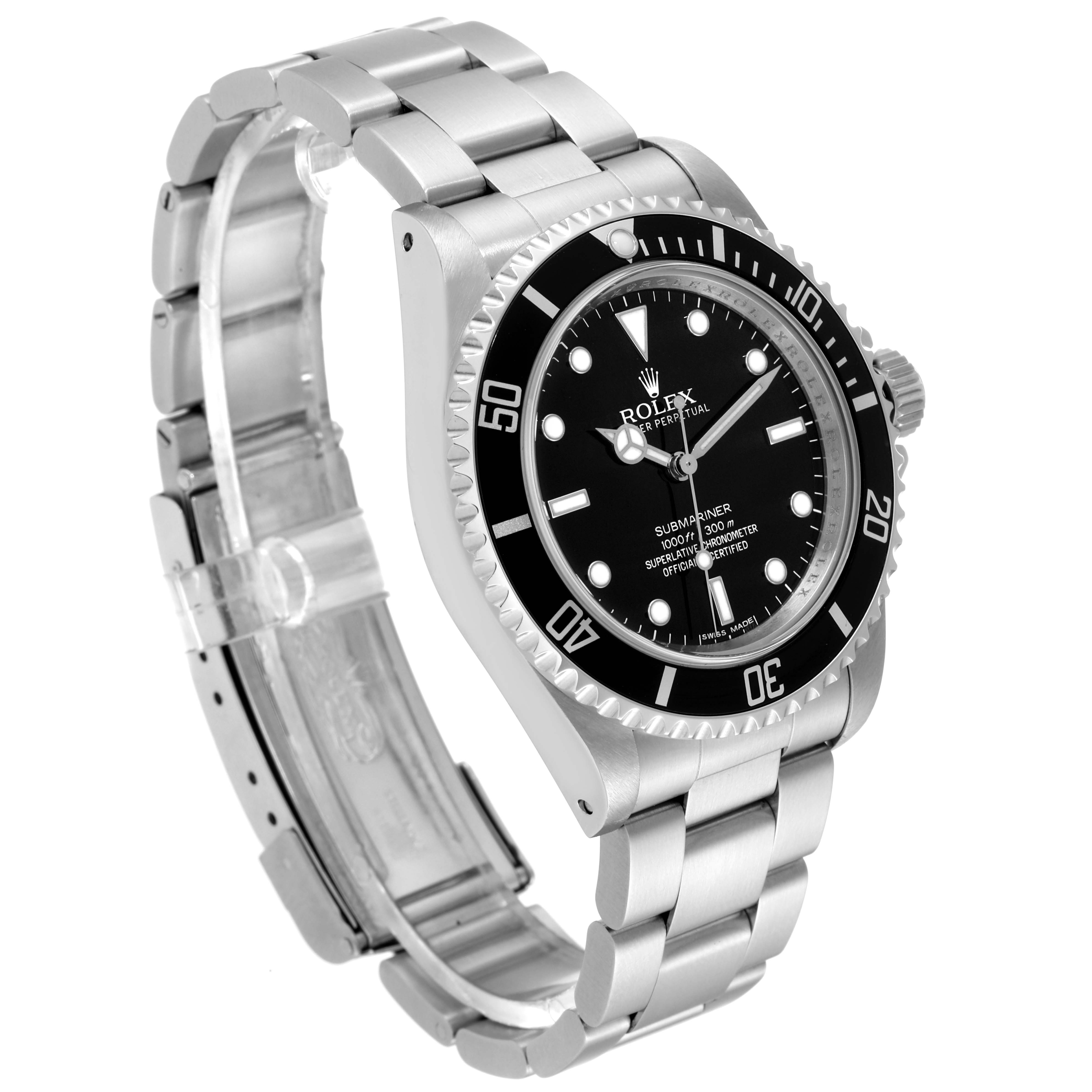 This image shows a Rolex Submariner 14060 Men
s Stainless Steel Black Dial 14060 Men
s Stainless Steel Black Dial watch at a slightly angled side view, highlighting the dial, bezel, and bracelet.