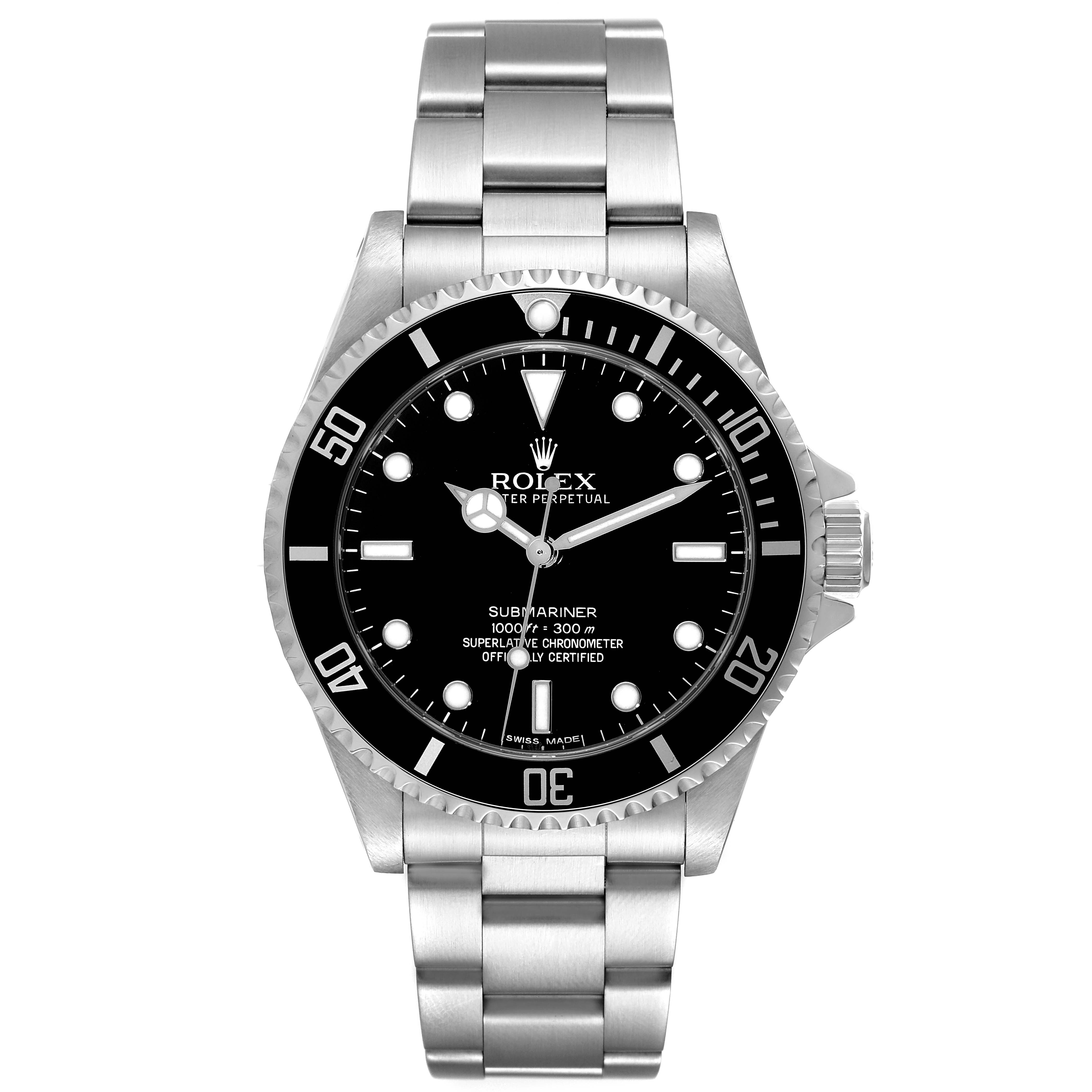 This is a frontal view of a Rolex Submariner 14060 Men
s Stainless Steel Black Dial 14060 Men
s Stainless Steel Black Dial watch, showing the bezel, dial, crown, and bracelet.