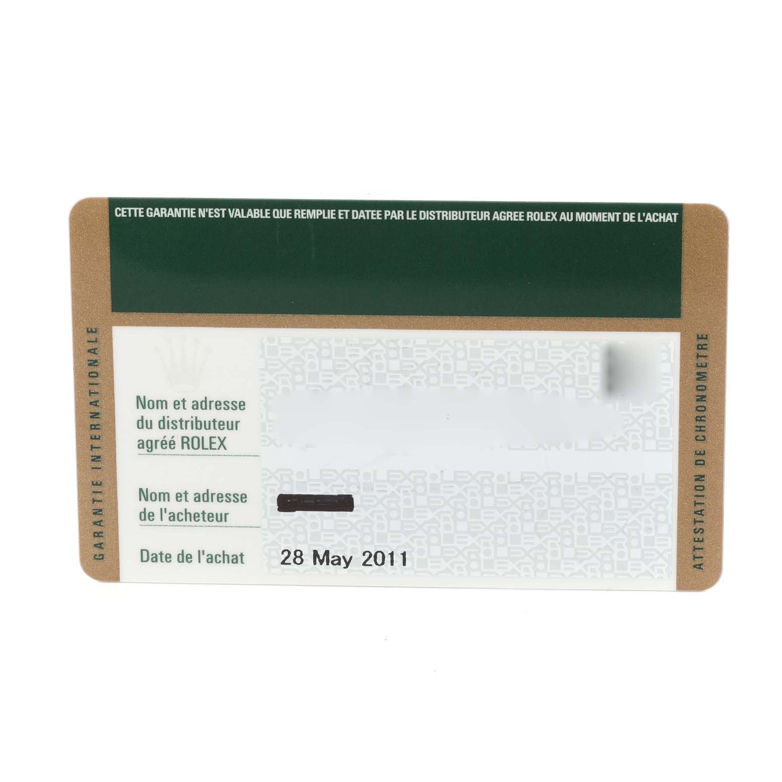 This image shows a Rolex Submariner 14060 Men
s Stainless Steel Black Dial 14060 Men
s Stainless Steel Black Dial warranty card with purchase details and dealer information.