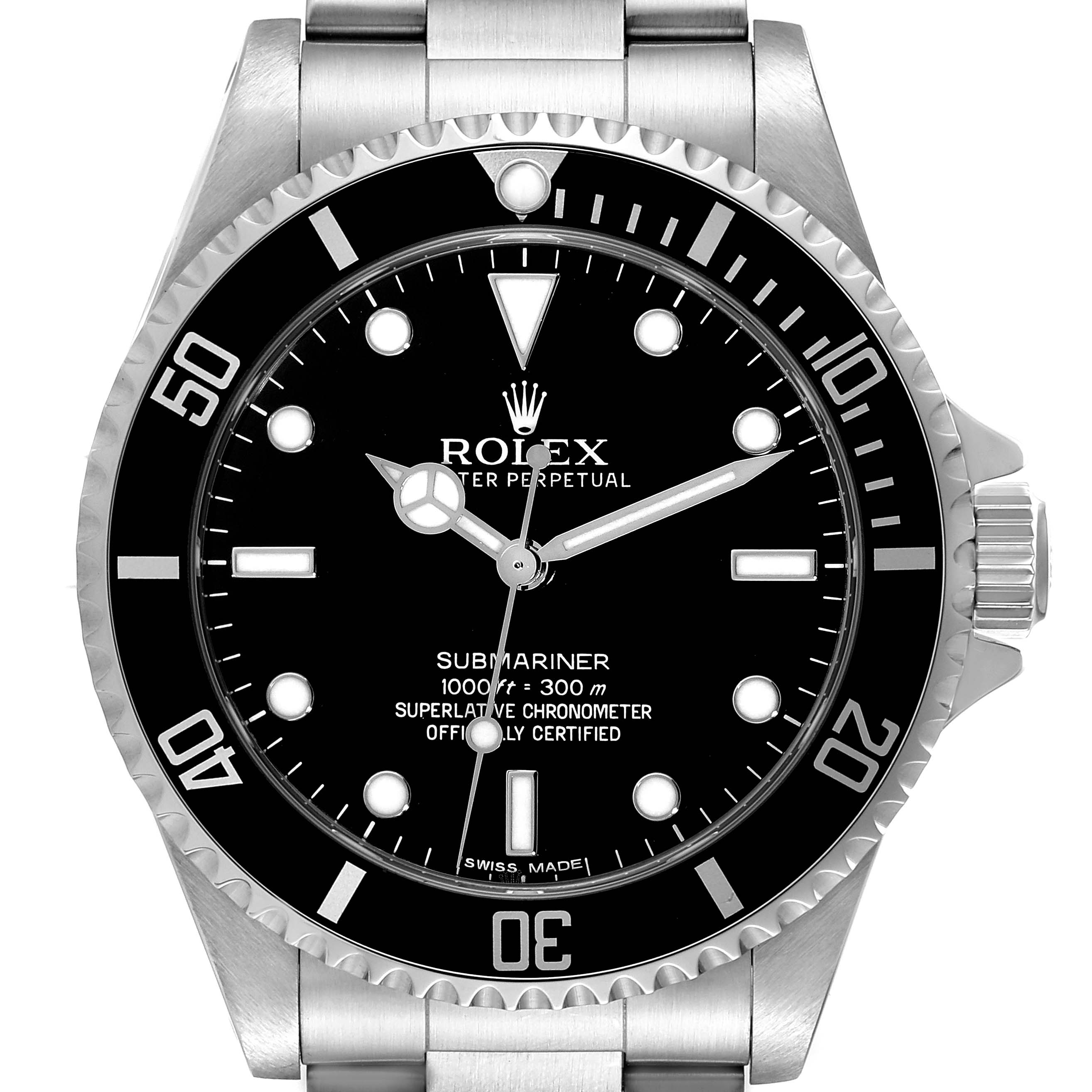 This image shows a frontal view of a Rolex Submariner 14060 Men
s Stainless Steel Black Dial 14060 Men
s Stainless Steel Black Dial watch, highlighting the dial, bezel, and part of the bracelet.