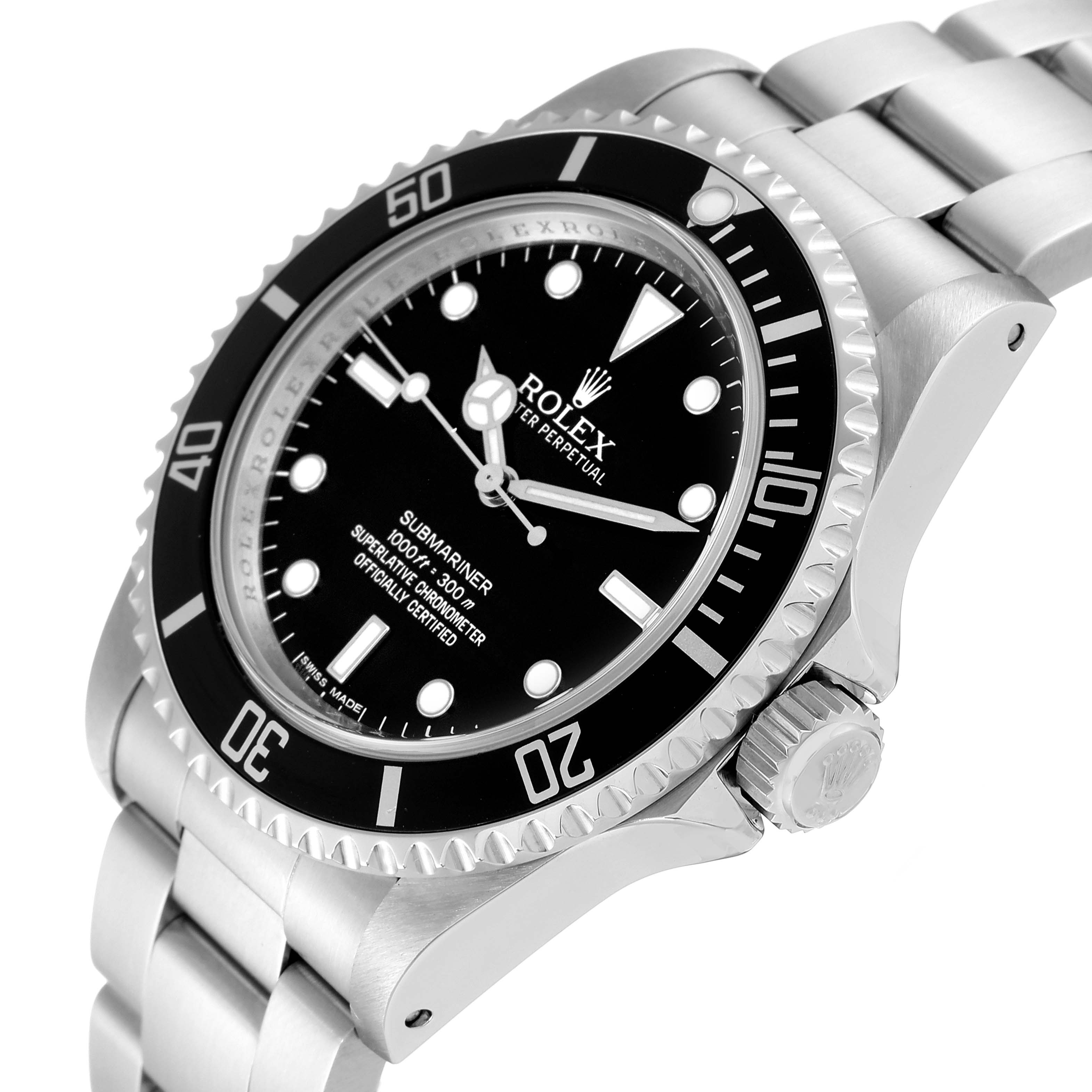 The image shows a Rolex Submariner 14060 Men
s Stainless Steel Black Dial 14060 Men
s Stainless Steel Black Dial watch at an angled view, highlighting the dial, bezel, crown, and part of the bracelet.