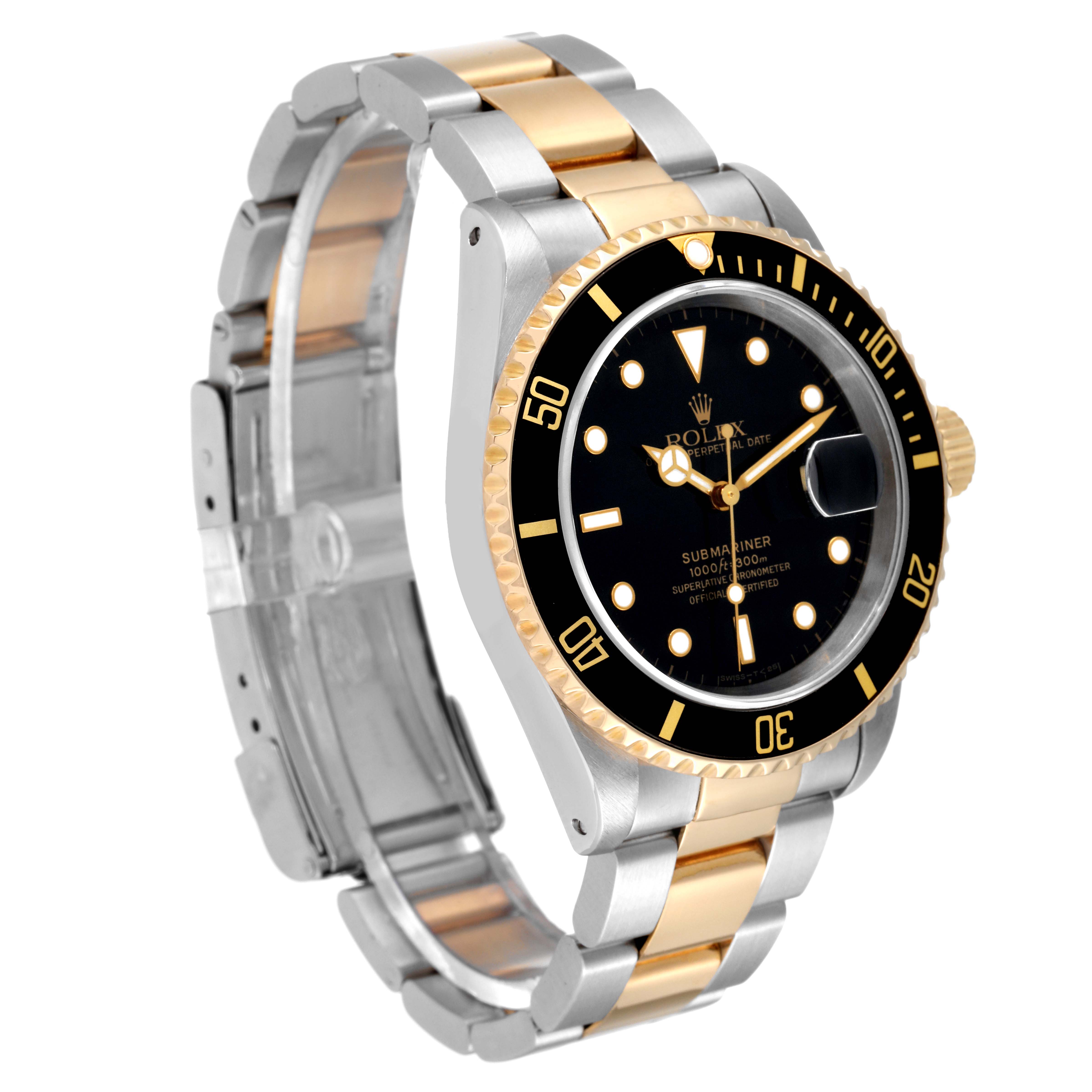 This Rolex Submariner 16613 Men
s Steel and Gold (two tone) Black Dial 16613 Men
s Steel and Gold (two tone) Black Dial watch is shown at a three-quarter angle, displaying its gold and stainless steel bracelet, black dial, and bezel.