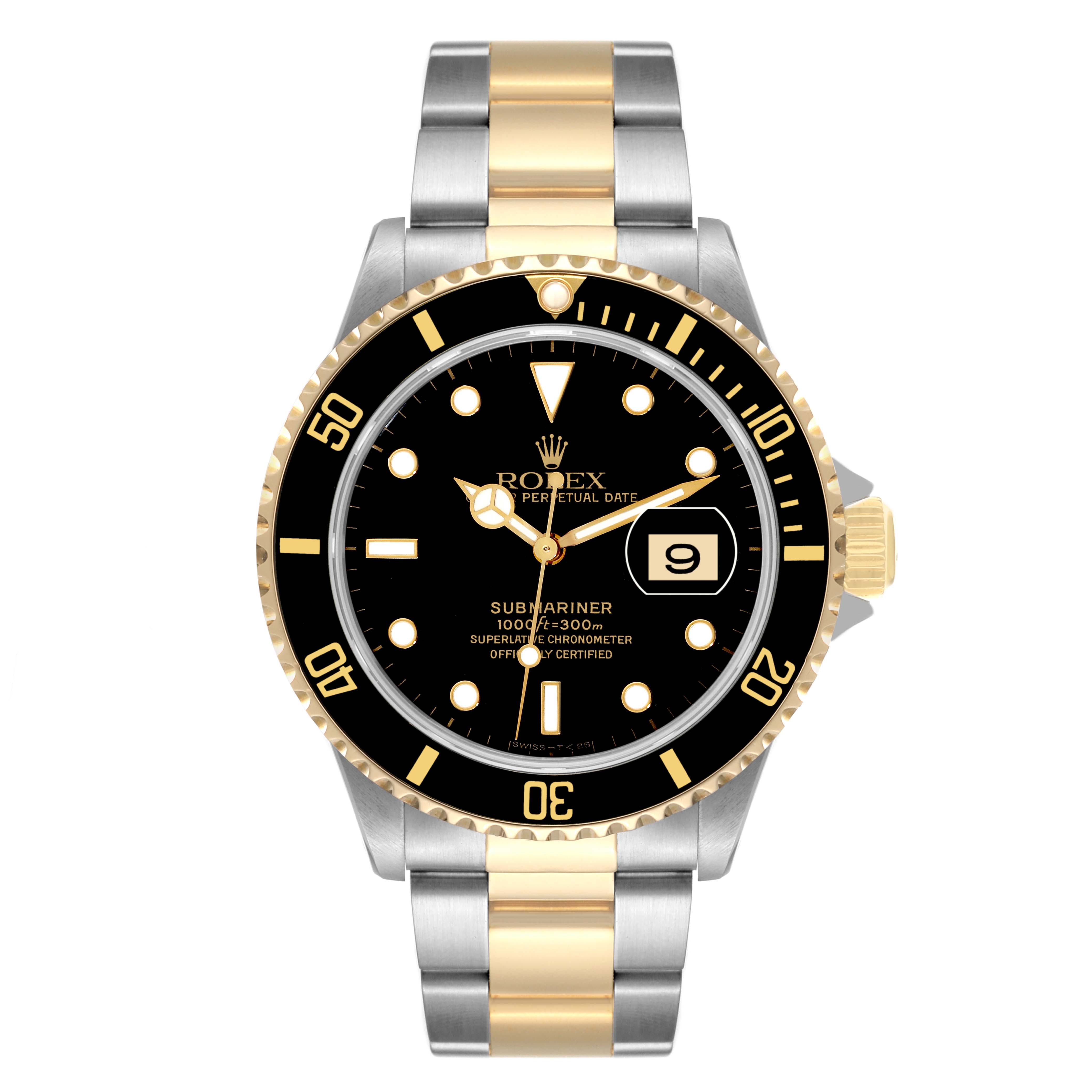 The image shows a front view of the Rolex Submariner 16613 Men
s Steel and Gold (two tone) Black Dial 16613 Men
s Steel and Gold (two tone) Black Dial watch, highlighting its black dial, gold bezel, and two-tone bracelet.